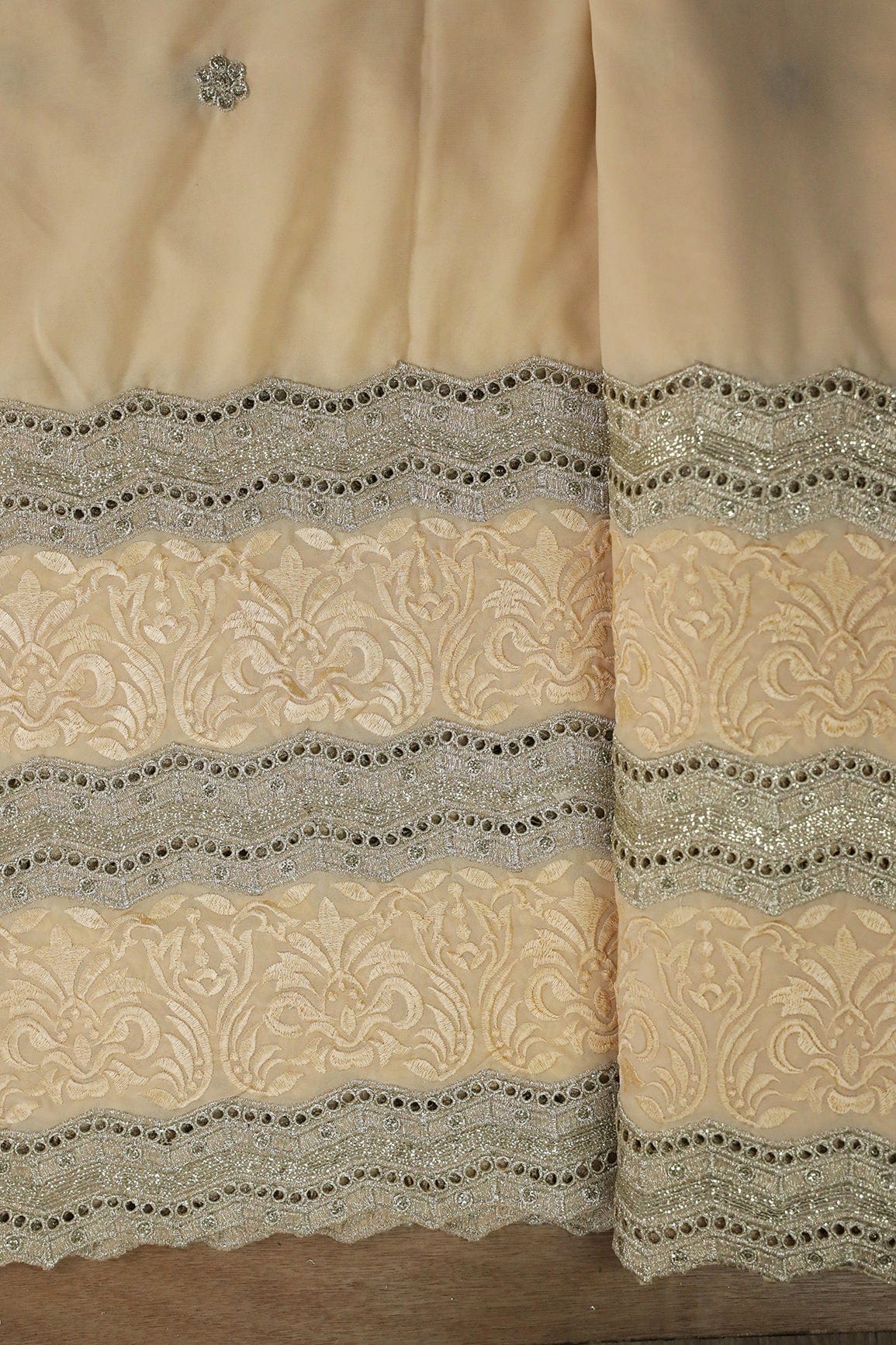 Big Width''56'' Cream Thread With Zari Ethnic Embroidery Work On Cream Georgette Fabric With Border - doeraa