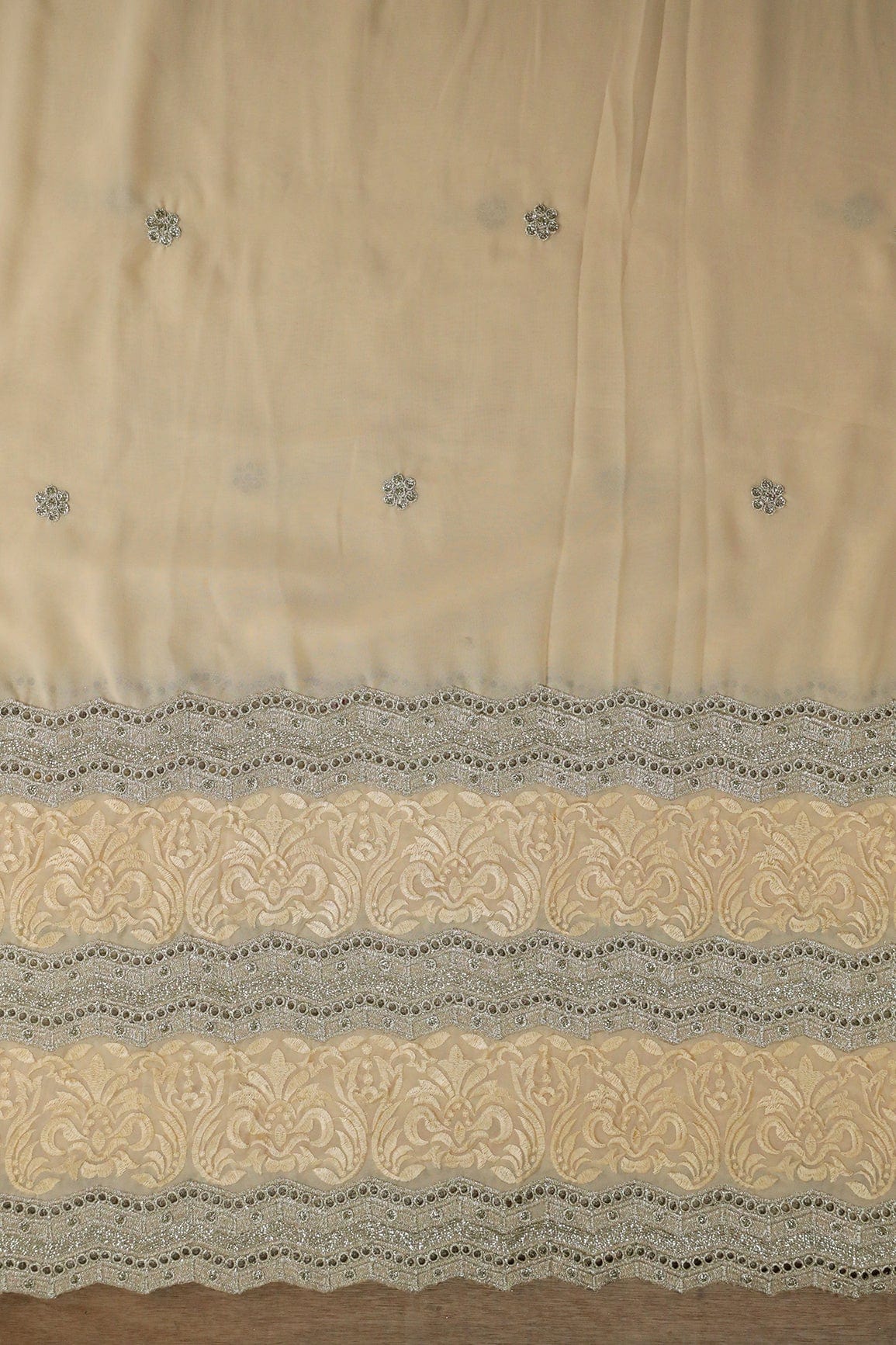 Big Width''56'' Cream Thread With Zari Ethnic Embroidery Work On Cream Georgette Fabric With Border - doeraa