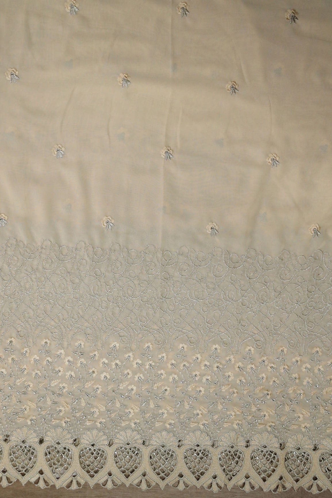 Big Width''56'' Cream Thread With Zari Floral Embroidery Work On Cream Georgette Fabric With Border - doeraa