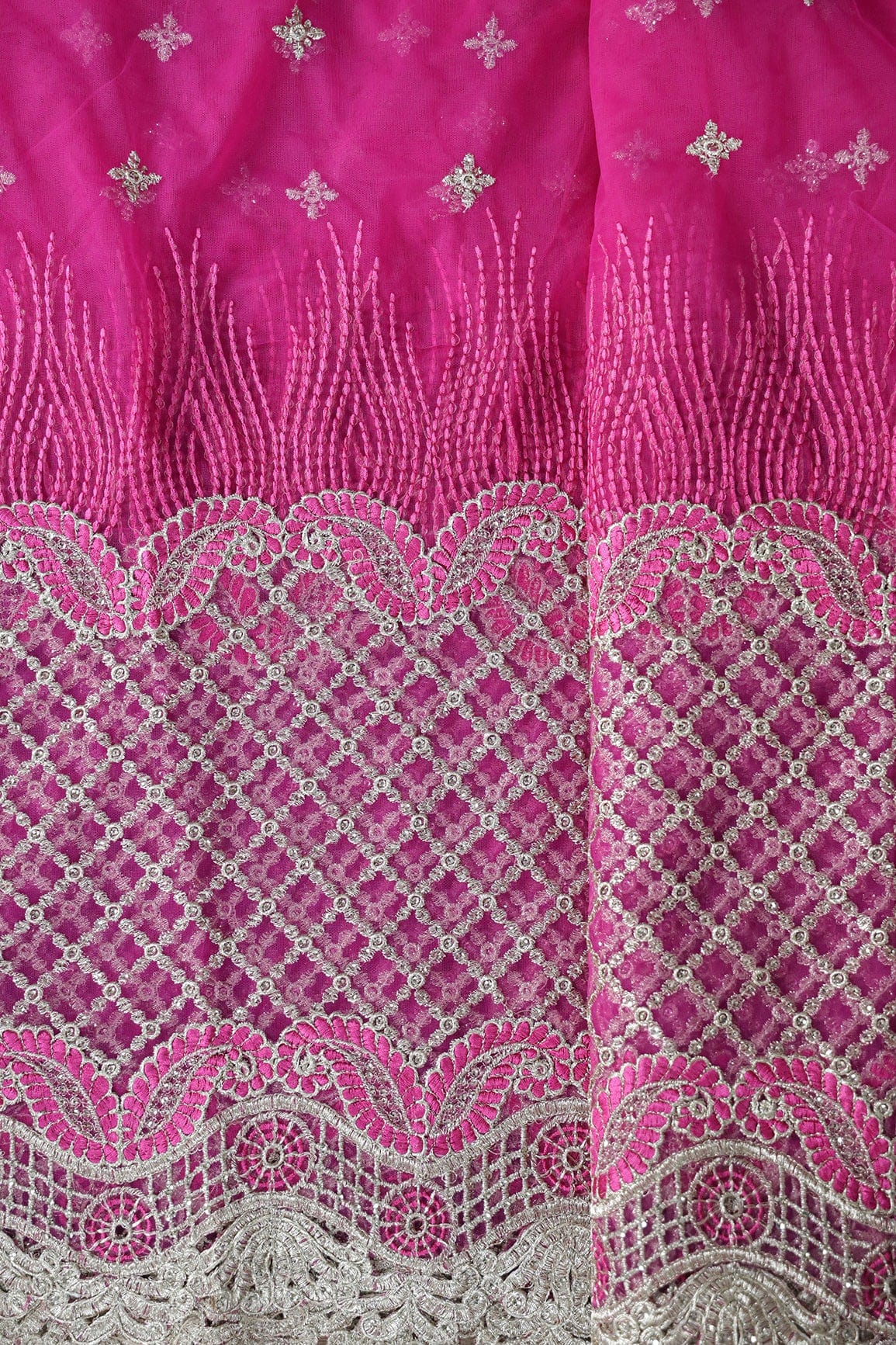 Big Width''56'' Fuchsia Thread With Zari Checks Embroidery Work On Fuchsia Soft Net Fabric With Border - doeraa