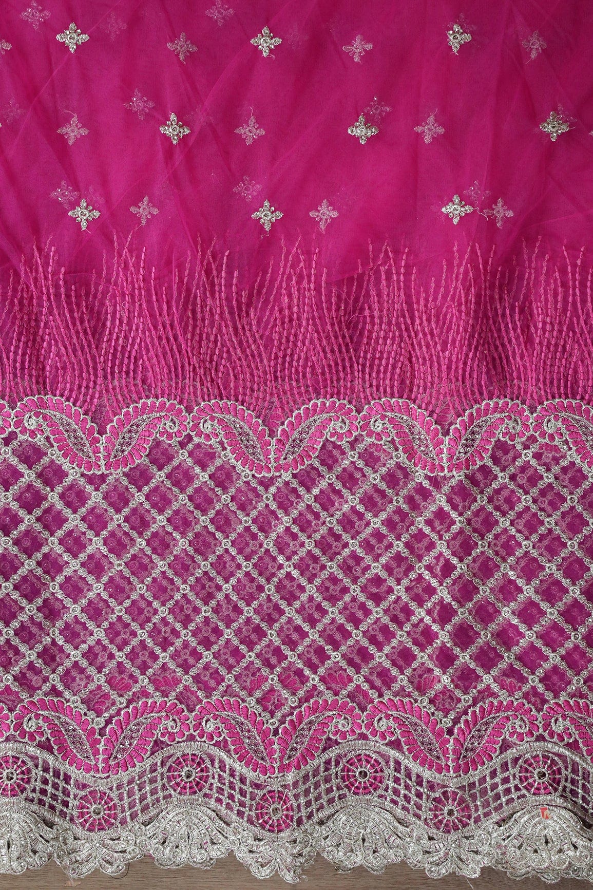 Big Width''56'' Fuchsia Thread With Zari Checks Embroidery Work On Fuchsia Soft Net Fabric With Border - doeraa