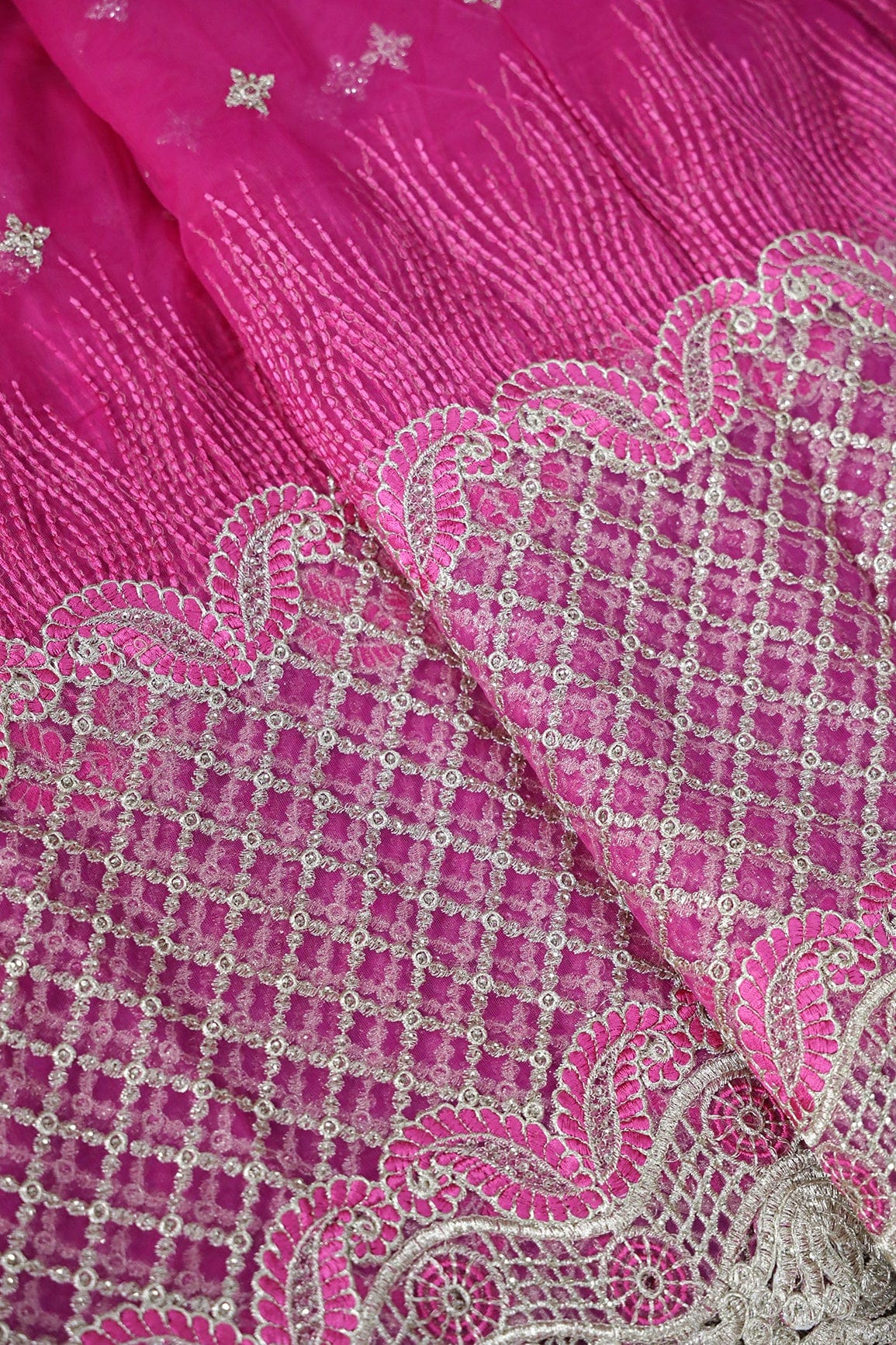 Big Width''56'' Fuchsia Thread With Zari Checks Embroidery Work On Fuchsia Soft Net Fabric With Border - doeraa