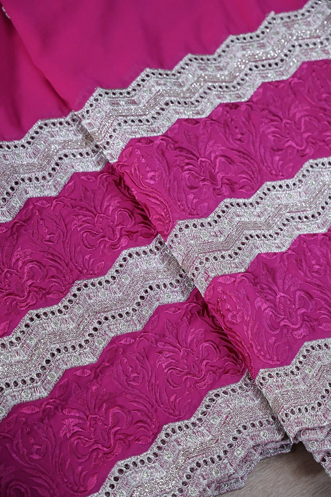 Big Width''56'' Fuchsia Thread With Zari Ethnic Embroidery Work On Fuchsia Georgette Fabric With Border - doeraa