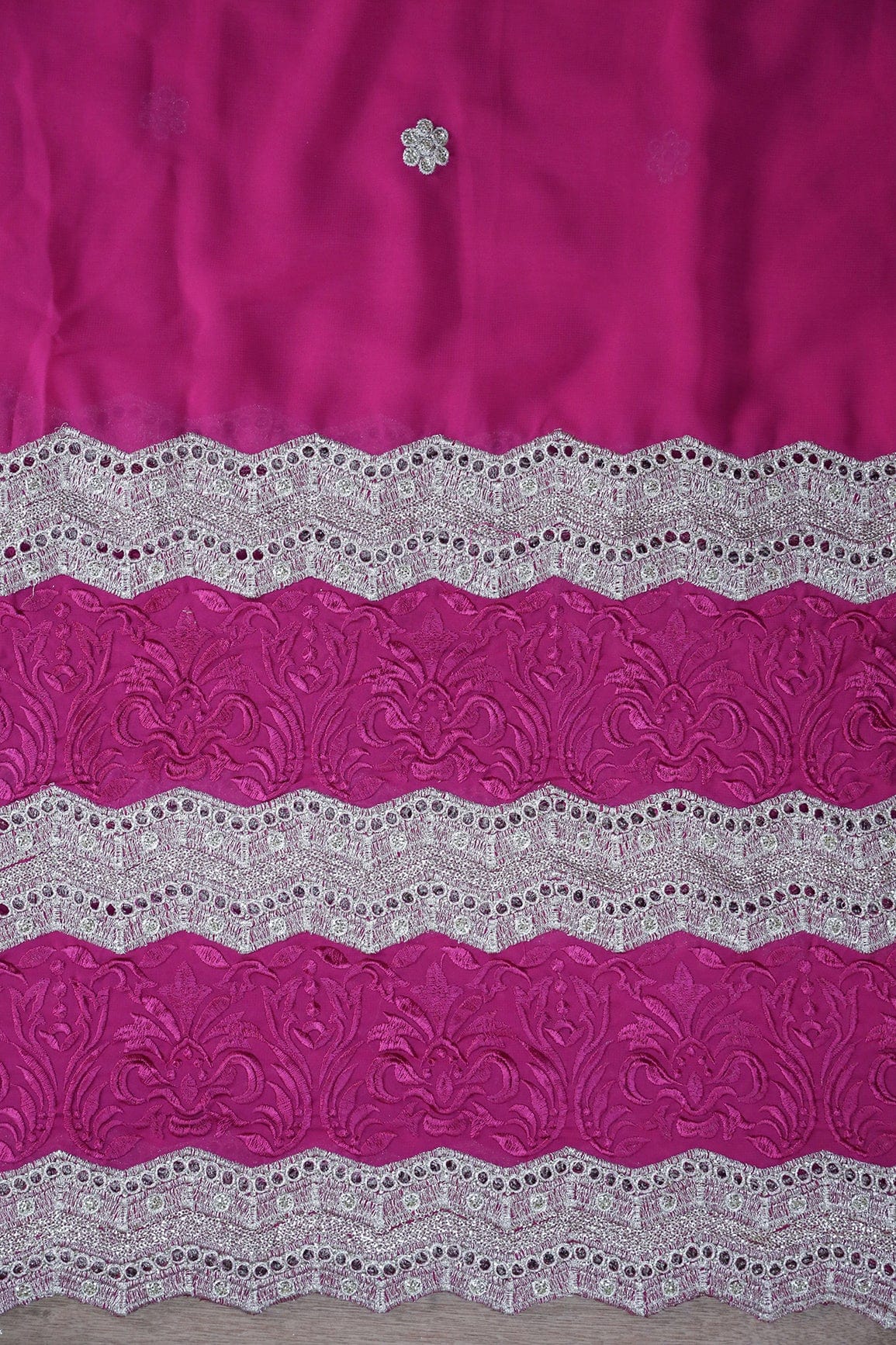Big Width''56'' Fuchsia Thread With Zari Ethnic Embroidery Work On Fuchsia Georgette Fabric With Border - doeraa