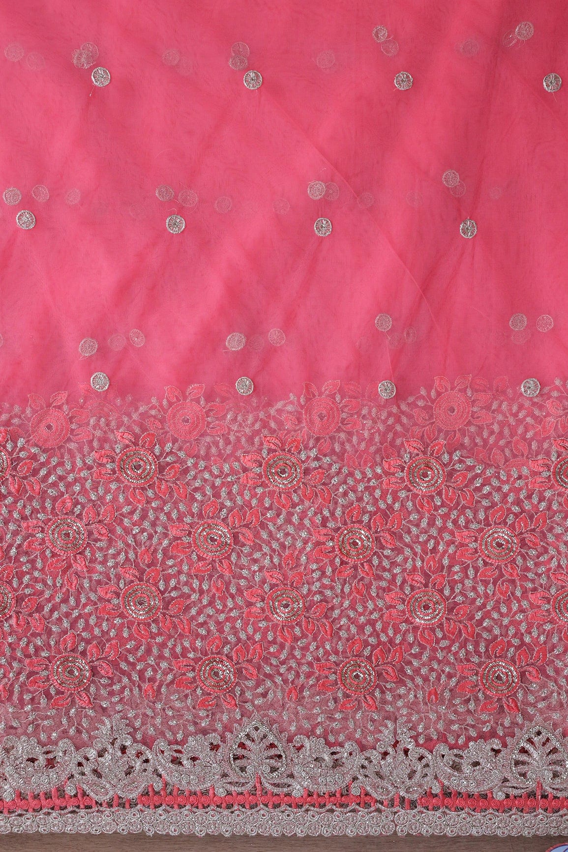 Big Width''56'' Gajri Pink Thread With Zari Floral Embroidery Work On Gajri Pink Soft Net Fabric With Border - doeraa