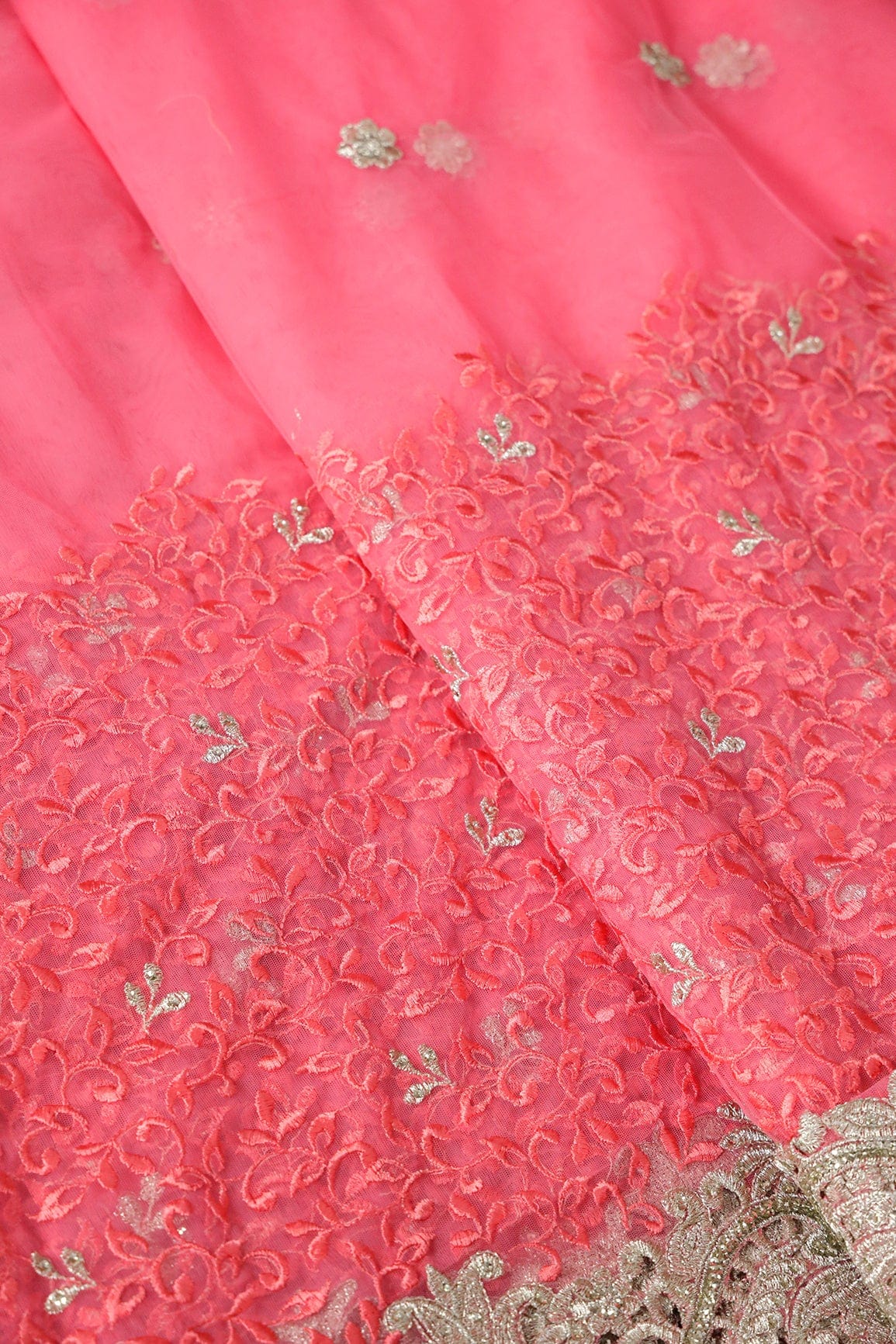 Big Width''56'' Gajri Pink Thread With Zari Leafy Embroidery Work On Gajri Pink Soft Net Fabric With Border - doeraa