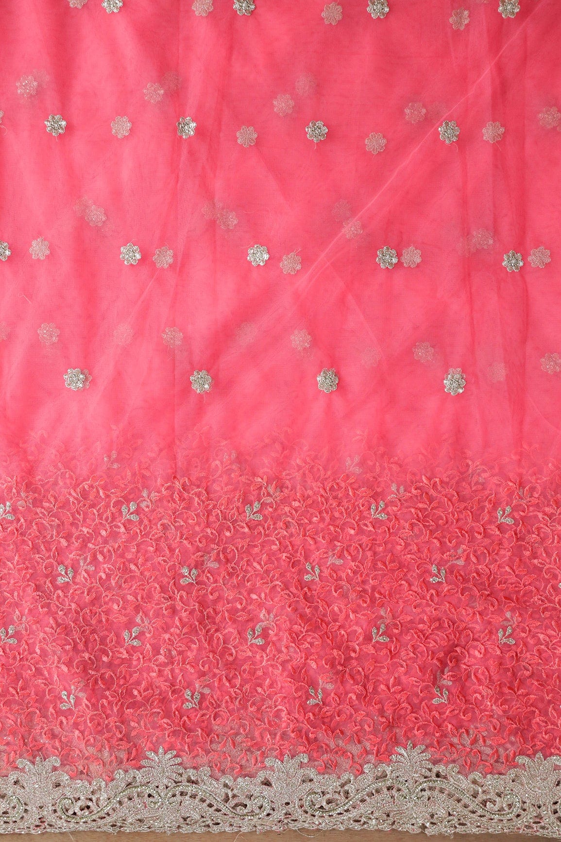 Big Width''56'' Gajri Pink Thread With Zari Leafy Embroidery Work On Gajri Pink Soft Net Fabric With Border - doeraa