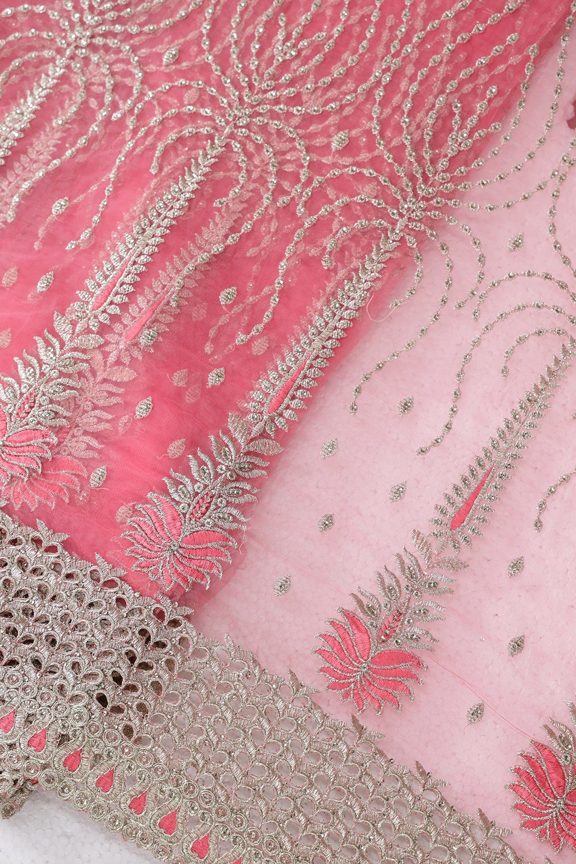 Big Width''56'' Gajri Pink Thread With Zari Traditional Embroidery Work On Gajri Pink Soft Net Fabric With Border - doeraa