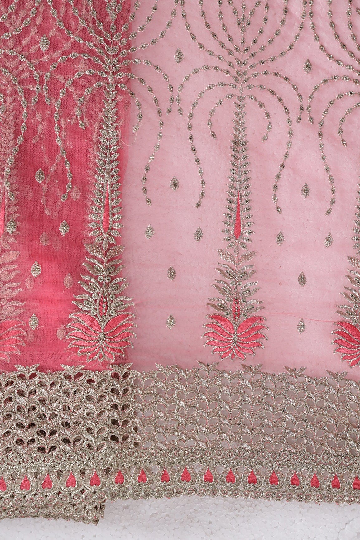 Big Width''56'' Gajri Pink Thread With Zari Traditional Embroidery Work On Gajri Pink Soft Net Fabric With Border - doeraa