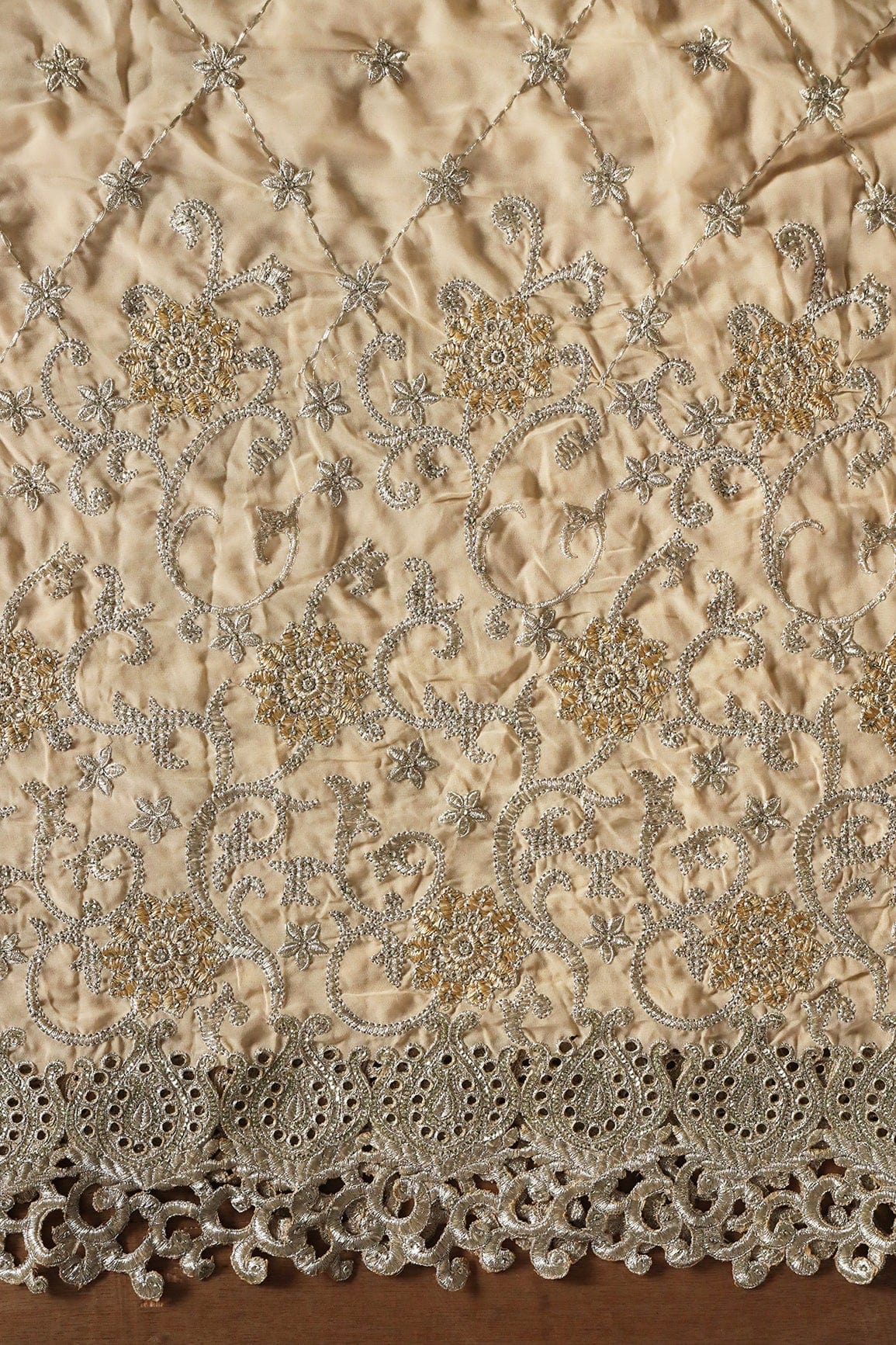Big Width''56'' Gold And Silver Zari Floral Embroidery Work On Beige Georgette Fabric With Border - doeraa