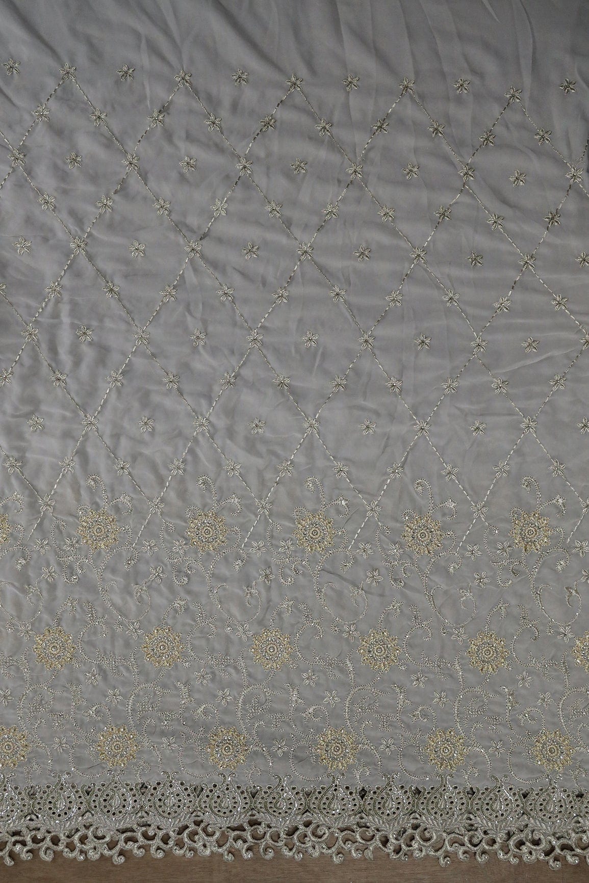 Big Width''56'' Gold And Silver Zari Floral Embroidery Work On Grey Georgette Fabric With Border - doeraa