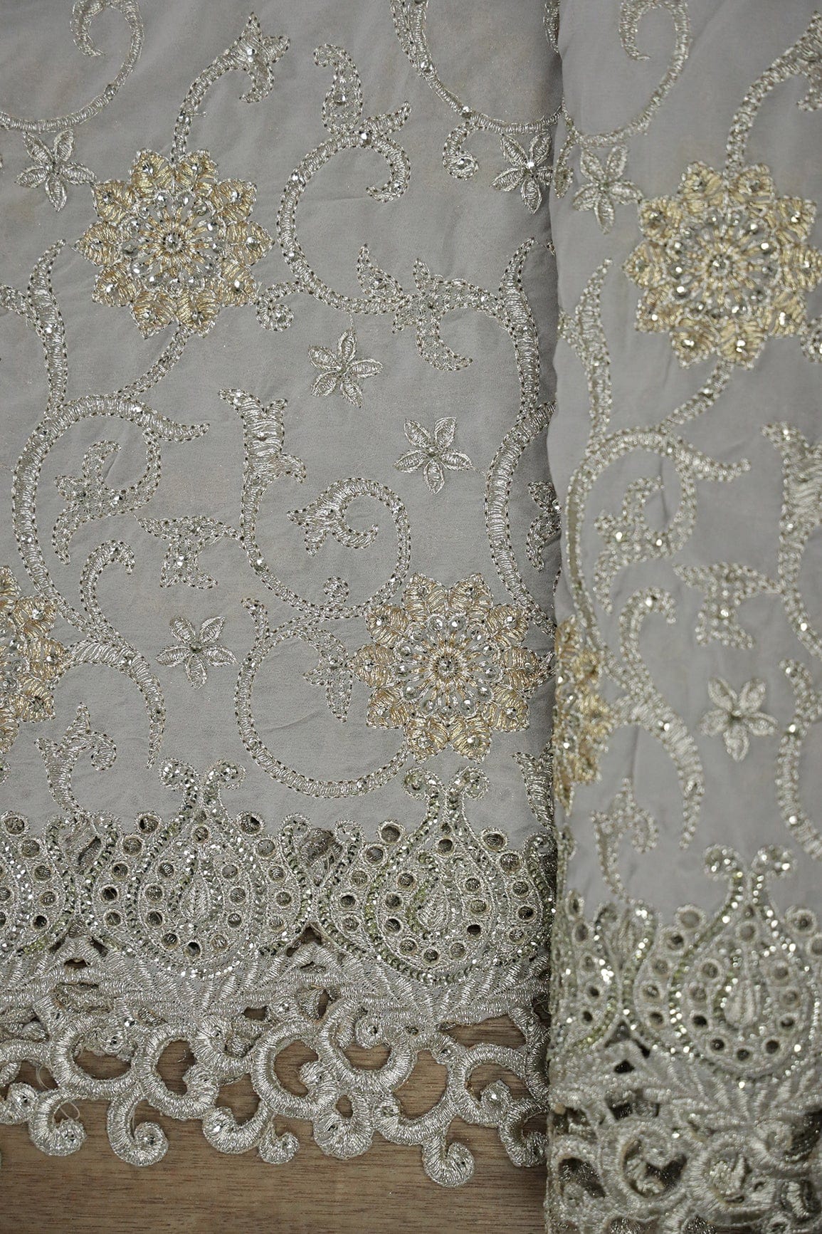 Big Width''56'' Gold And Silver Zari Floral Embroidery Work On Grey Georgette Fabric With Border - doeraa