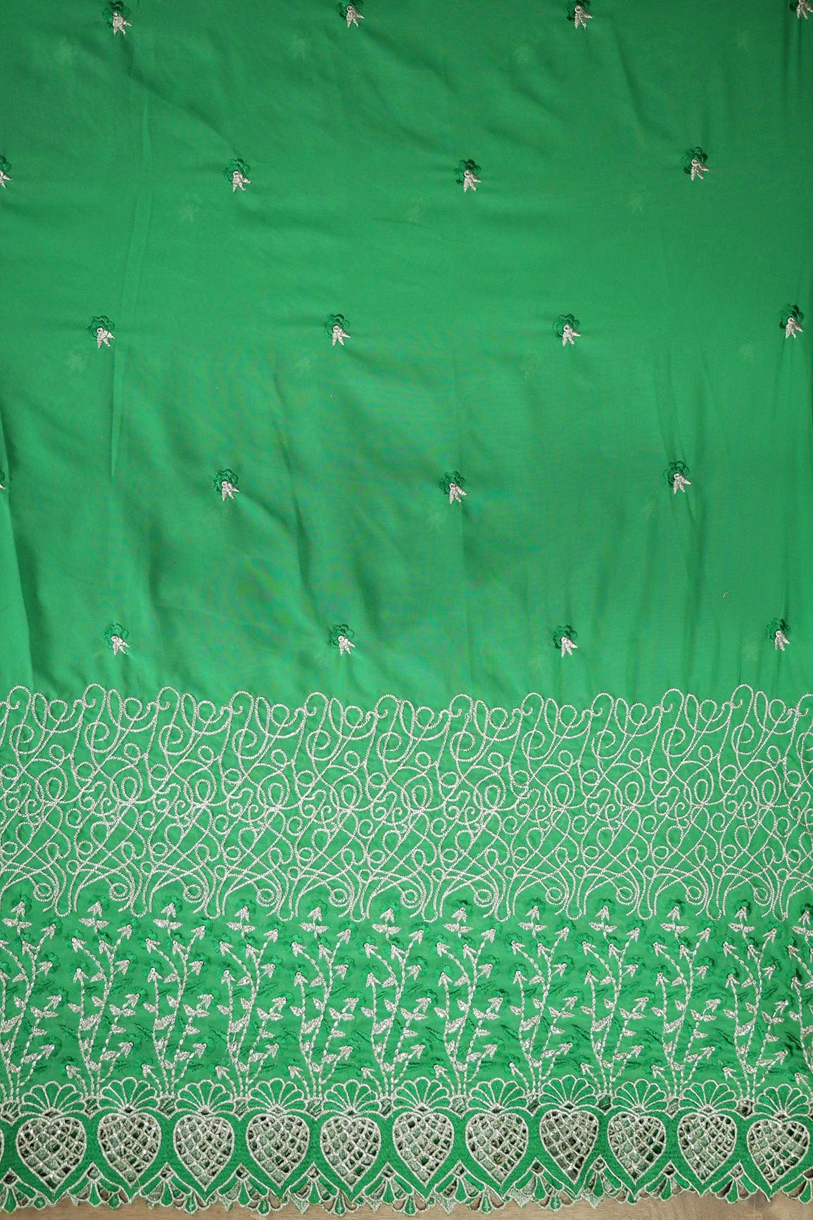 Big Width''56'' Green Thread With Zari Floral Embroidery Work On Green Georgette Fabric With Border - doeraa