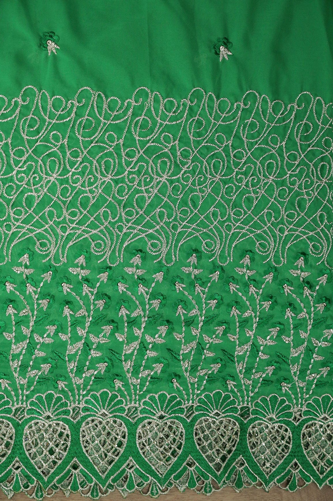 Big Width''56'' Green Thread With Zari Floral Embroidery Work On Green Georgette Fabric With Border - doeraa