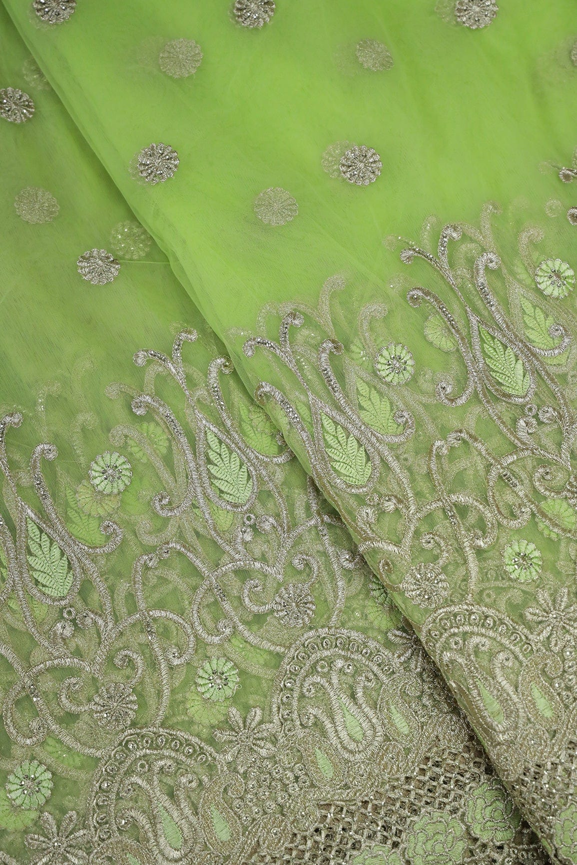 Big Width''56'' Green Thread With Zari Traditional Embroidery Work On Parrot Green Soft Net Fabric With Border - doeraa