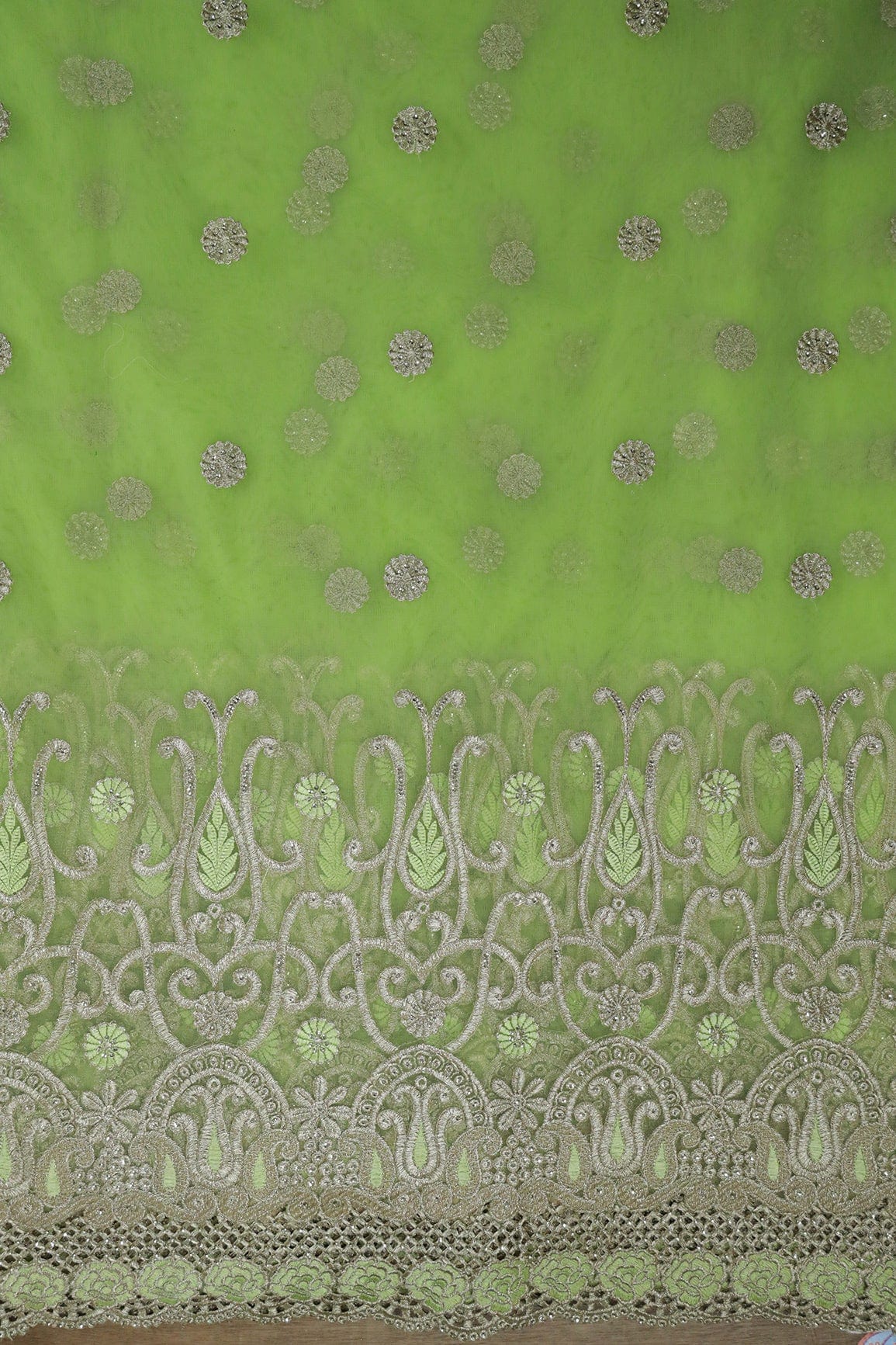 Big Width''56'' Green Thread With Zari Traditional Embroidery Work On Parrot Green Soft Net Fabric With Border - doeraa