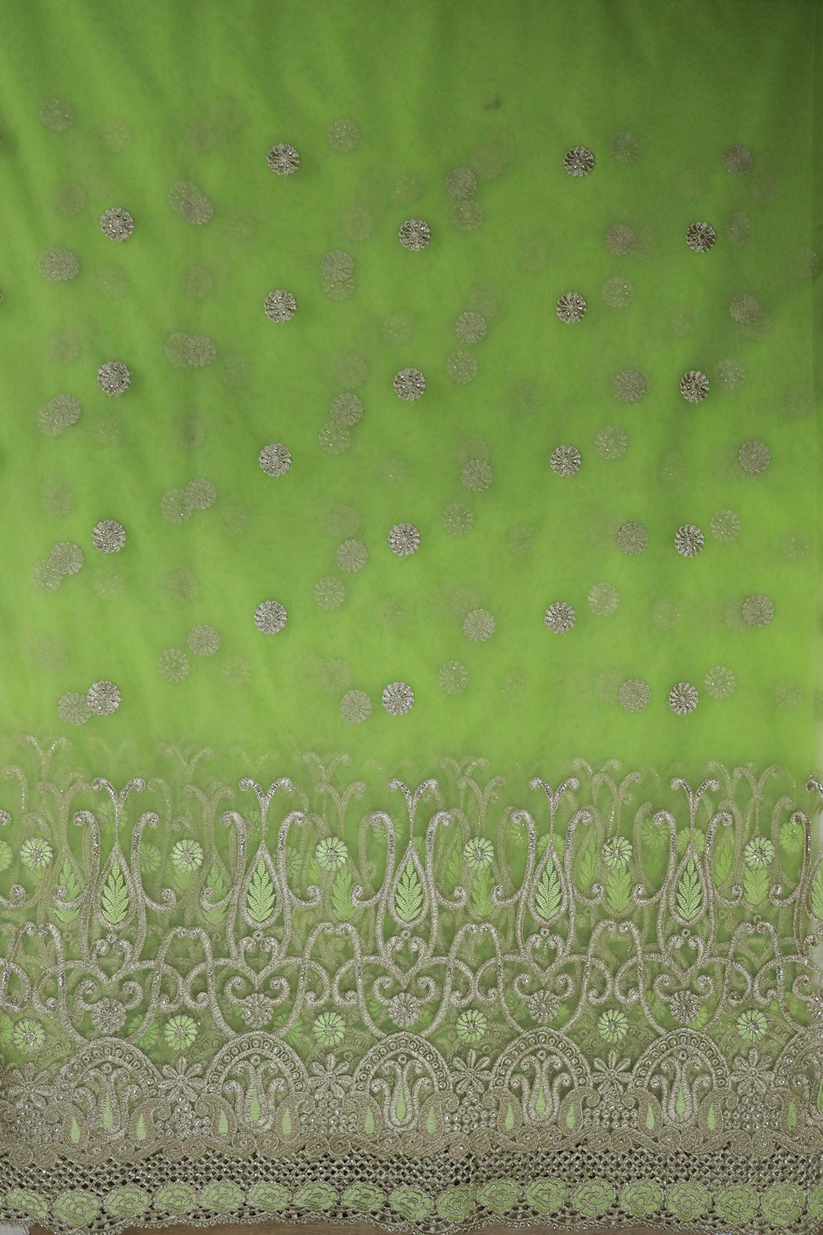 Big Width''56'' Green Thread With Zari Traditional Embroidery Work On Parrot Green Soft Net Fabric With Border - doeraa