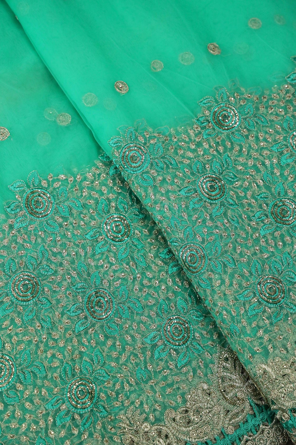 Big Width''56'' Mint Green Thread With Zari Floral Embroidery Work On Mint Green Soft Net Fabric With Border - doeraa