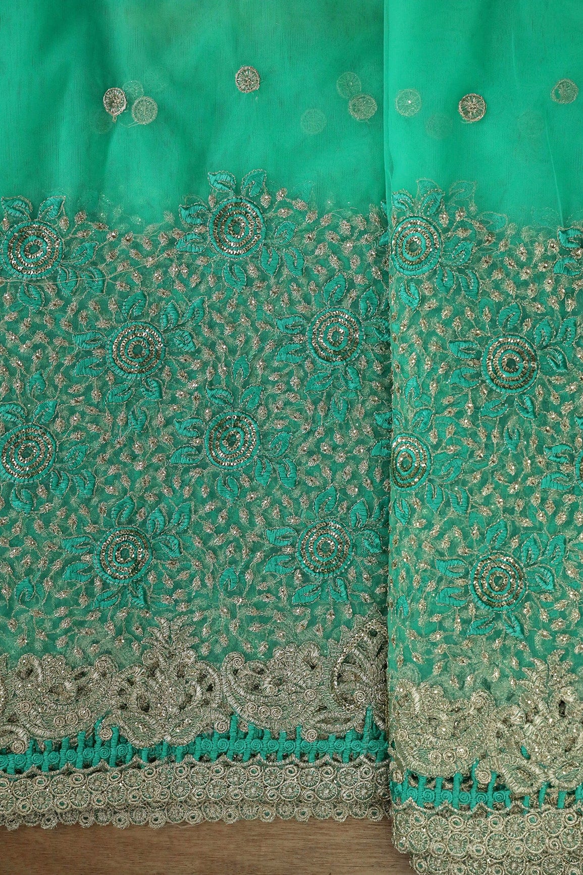 Big Width''56'' Mint Green Thread With Zari Floral Embroidery Work On Mint Green Soft Net Fabric With Border - doeraa