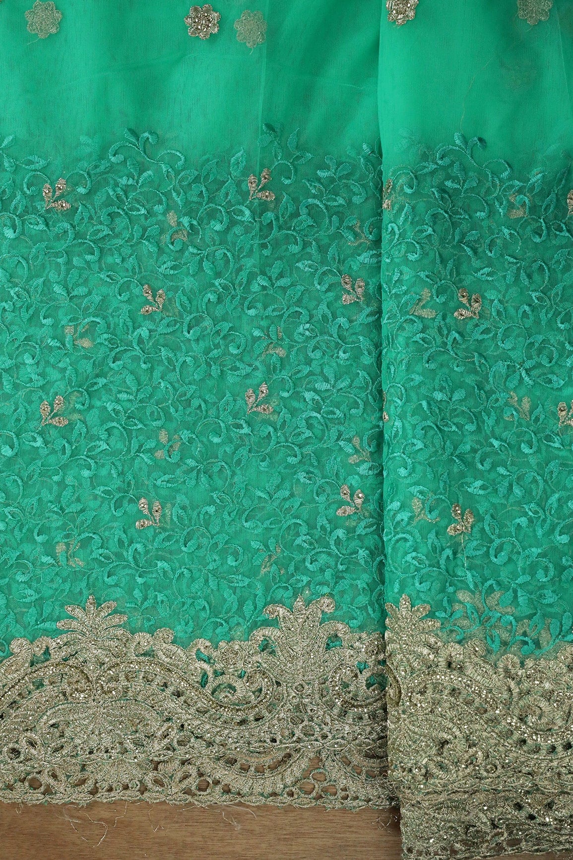 Big Width''56'' Mint Green Thread With Zari Leafy Embroidery Work On Mint Green Soft Net Fabric With Border - doeraa