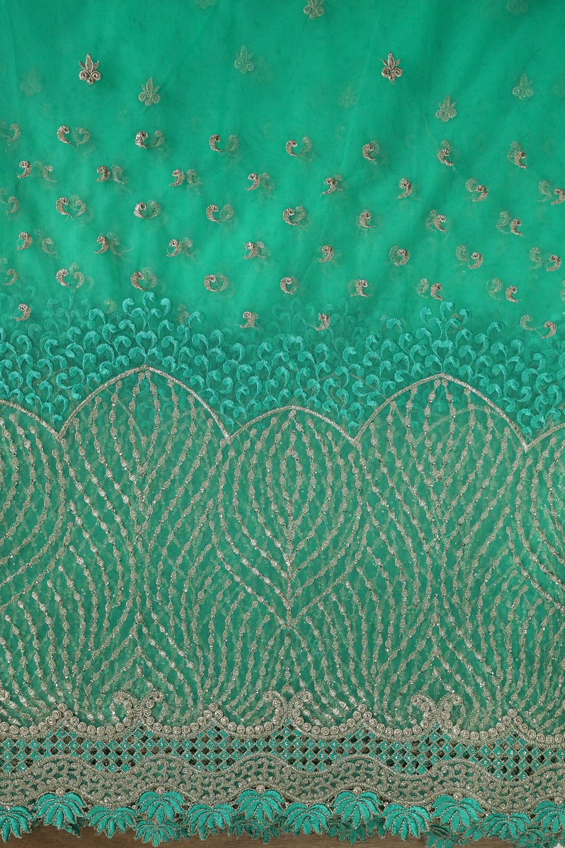 Big Width''56'' Mint Green Thread With Zari Traditional Embroidery Work On Mint Green Soft Net Fabric With Border - doeraa