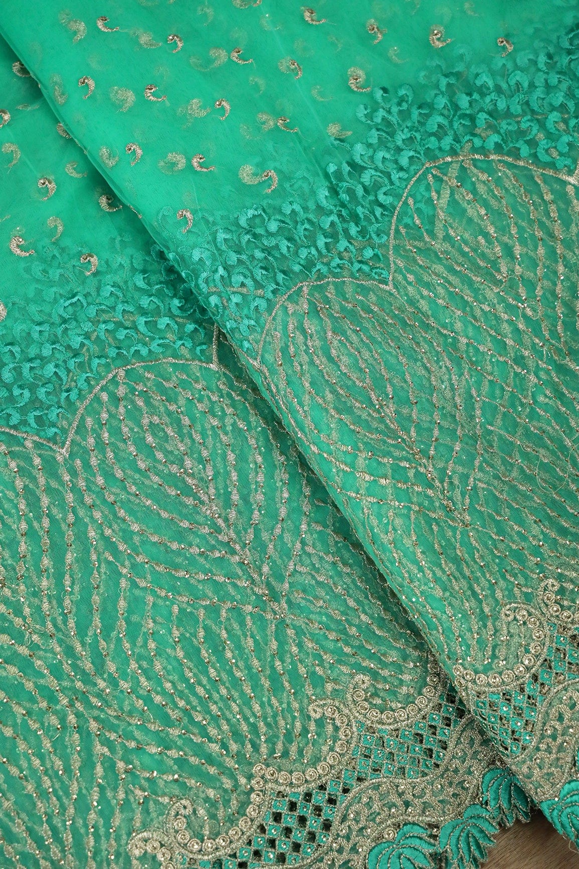 Big Width''56'' Mint Green Thread With Zari Traditional Embroidery Work On Mint Green Soft Net Fabric With Border - doeraa