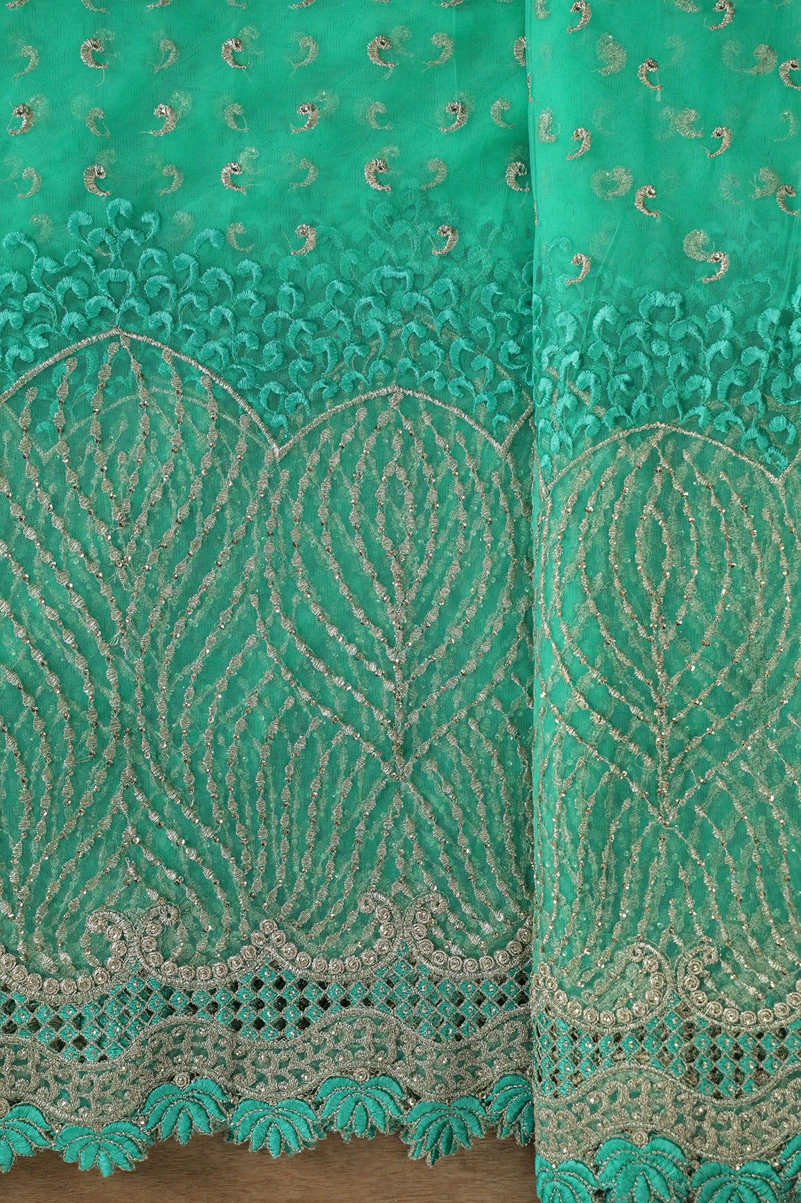 Big Width''56'' Mint Green Thread With Zari Traditional Embroidery Work On Mint Green Soft Net Fabric With Border - doeraa
