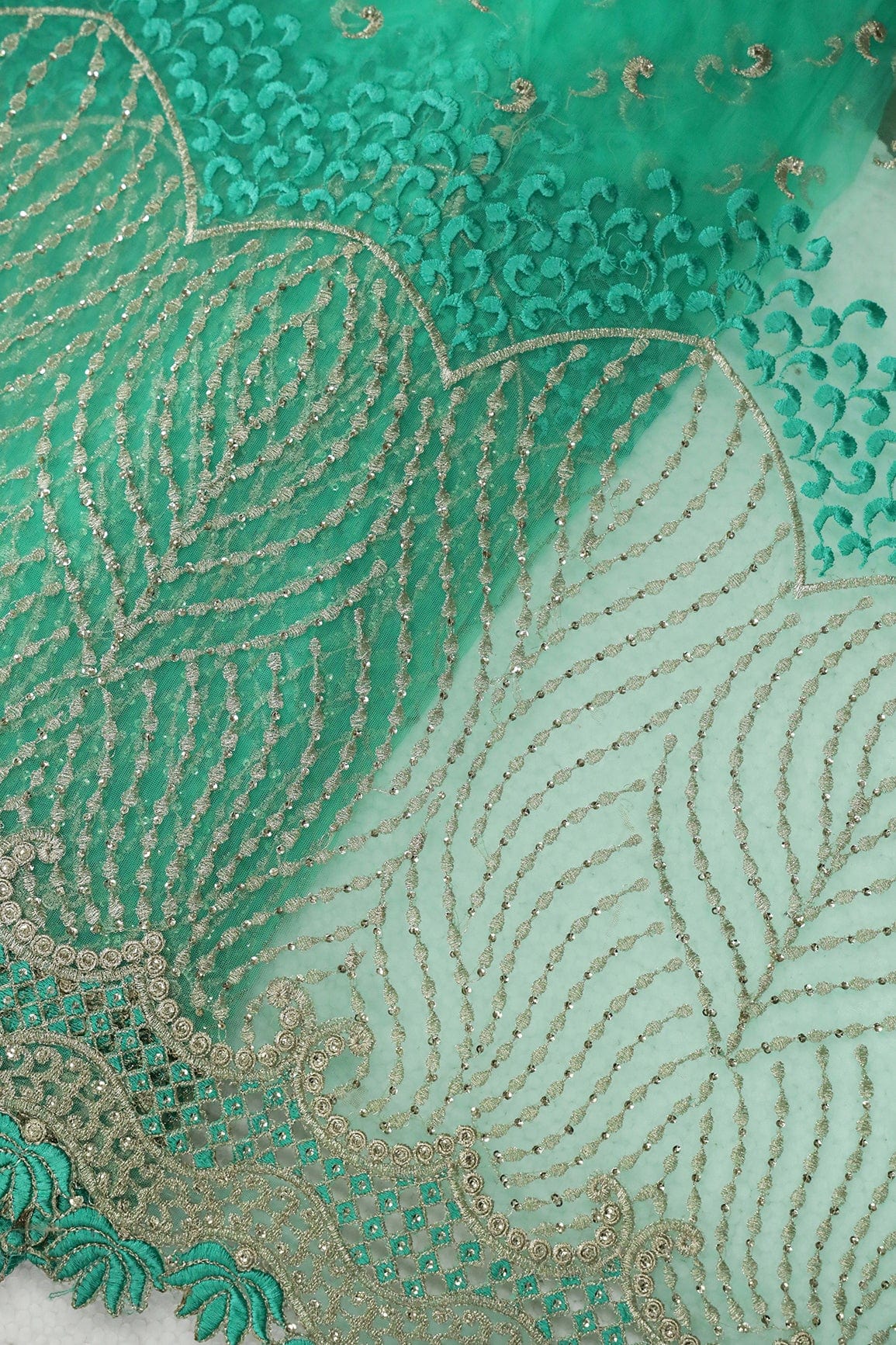 Big Width''56'' Mint Green Thread With Zari Traditional Embroidery Work On Mint Green Soft Net Fabric With Border - doeraa