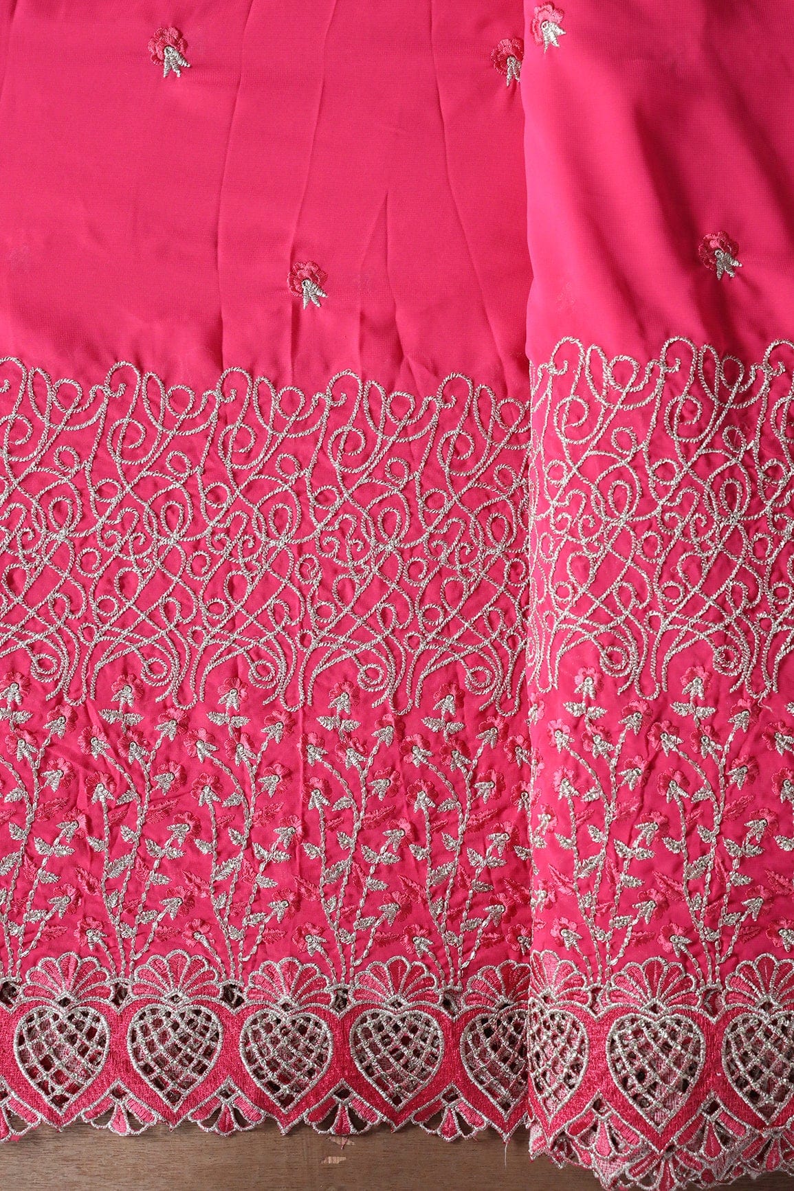 Big Width''56'' Pink Thread With Zari Floral Embroidery Work On Gajri Pink Georgette Fabric With Border - doeraa