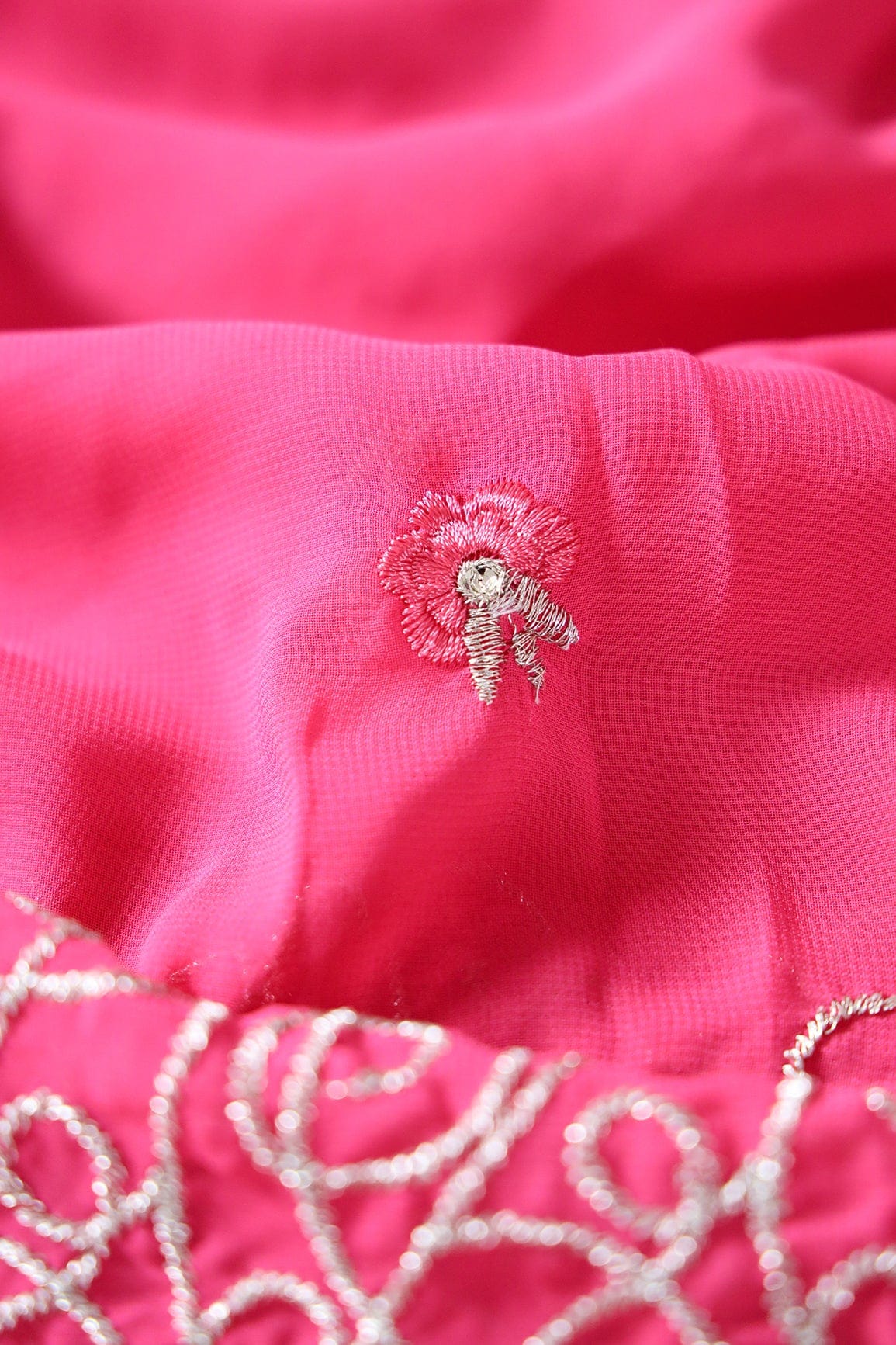 Big Width''56'' Pink Thread With Zari Floral Embroidery Work On Gajri Pink Georgette Fabric With Border - doeraa