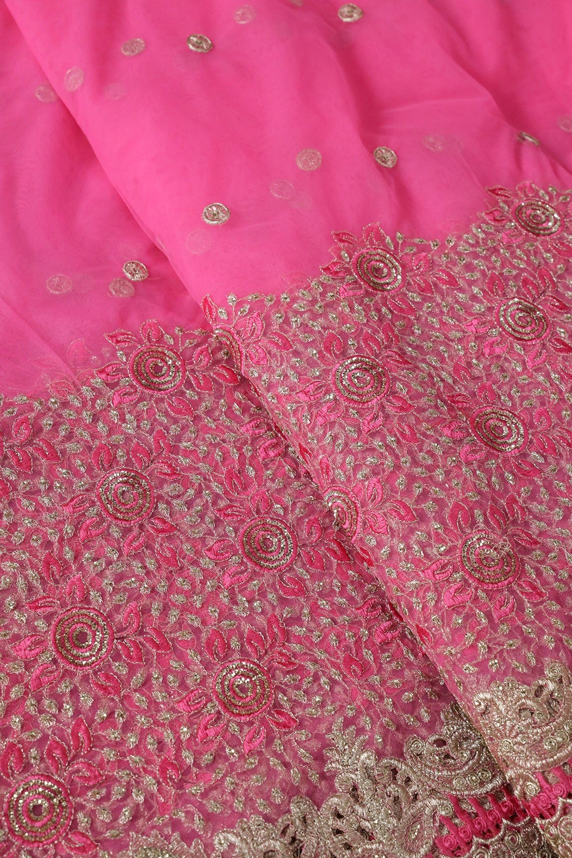 Big Width''56'' Pink Thread With Zari Floral Embroidery Work On Pink Soft Net Fabric With Border - doeraa