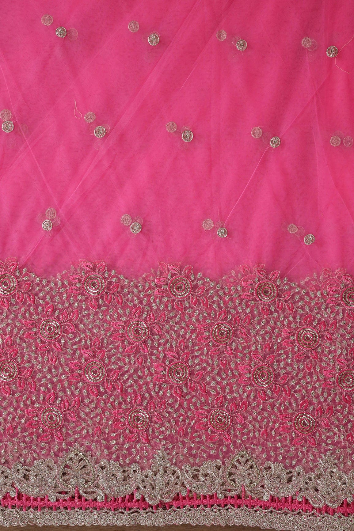Big Width''56'' Pink Thread With Zari Floral Embroidery Work On Pink Soft Net Fabric With Border - doeraa
