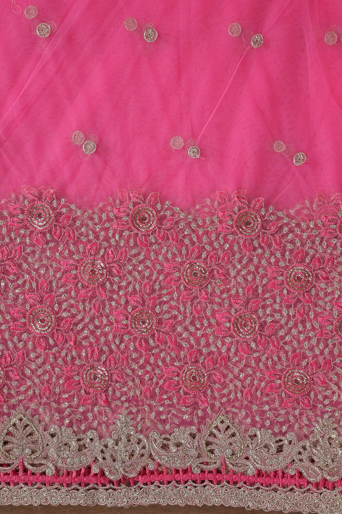 Big Width''56'' Pink Thread With Zari Floral Embroidery Work On Pink Soft Net Fabric With Border - doeraa