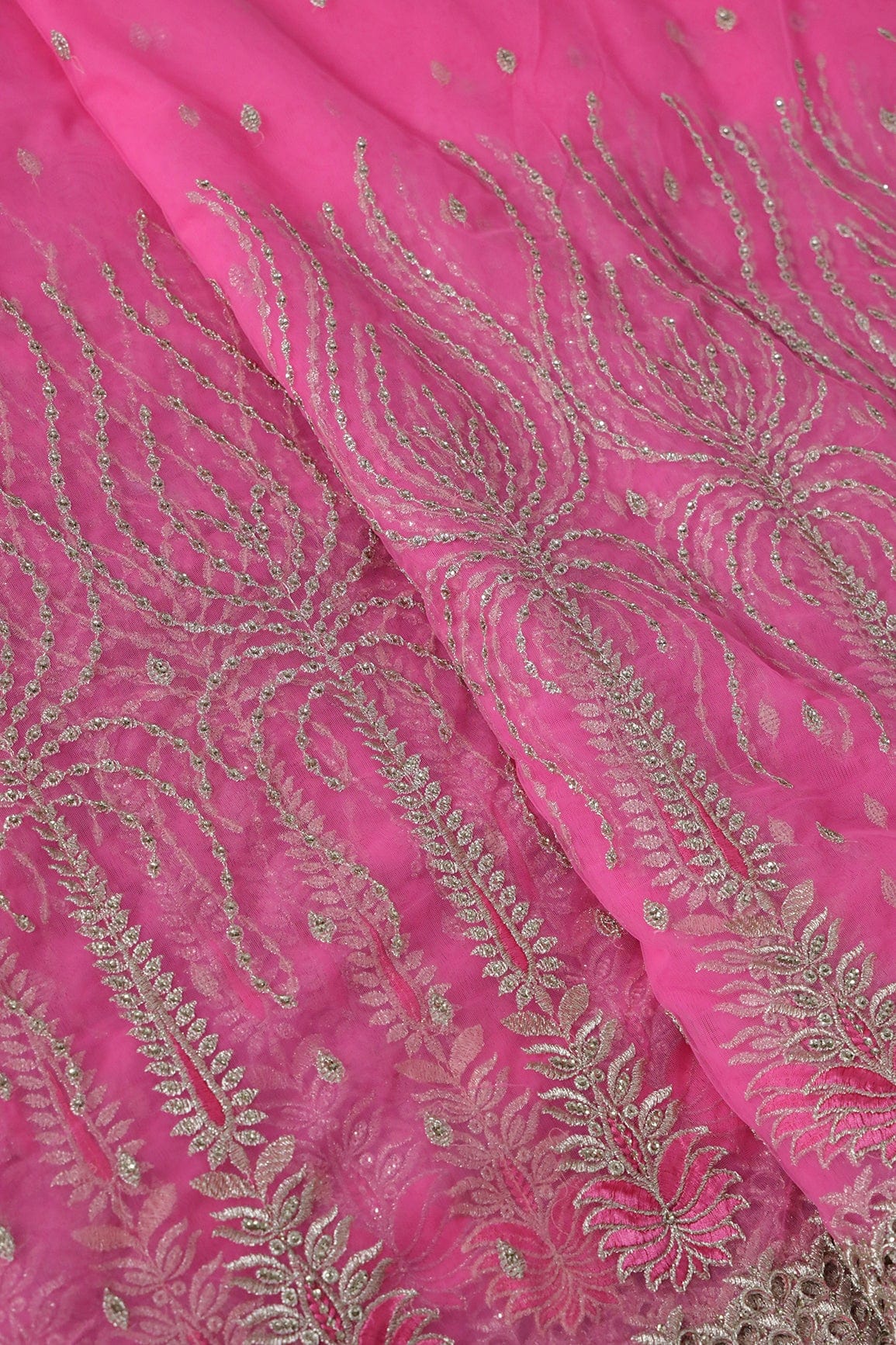 Big Width''56'' Pink Thread With Zari Traditional Embroidery Work On Pink Soft Net Fabric With Border - doeraa
