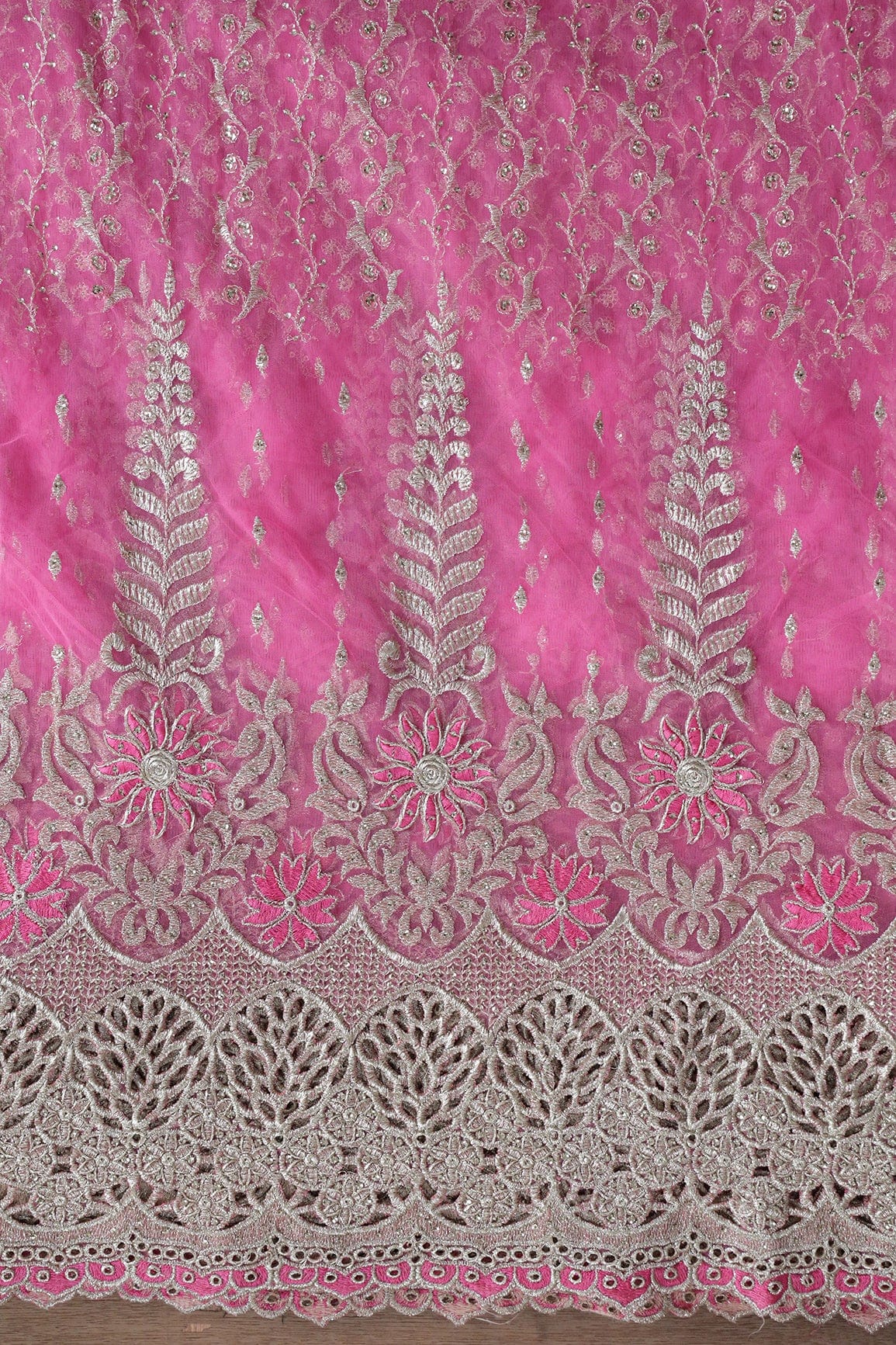 Big Width''56'' Pink Thread With Zari Traditional Embroidery Work On Pink Soft Net Fabric With Border - doeraa