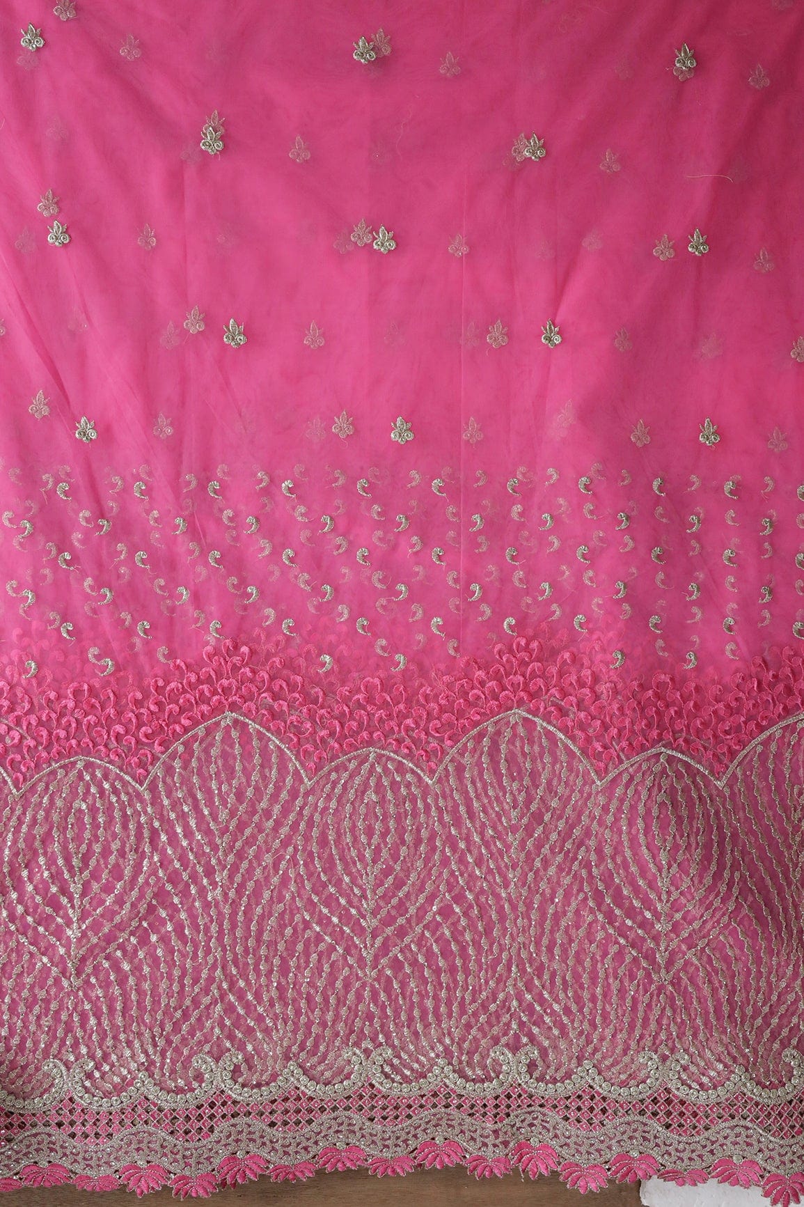 Big Width''56'' Pink Thread With Zari Traditional Embroidery Work On Pink Soft Net Fabric With Border - doeraa