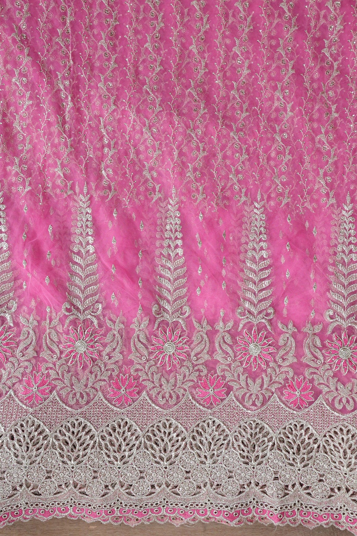 Big Width''56'' Pink Thread With Zari Traditional Embroidery Work On Pink Soft Net Fabric With Border - doeraa