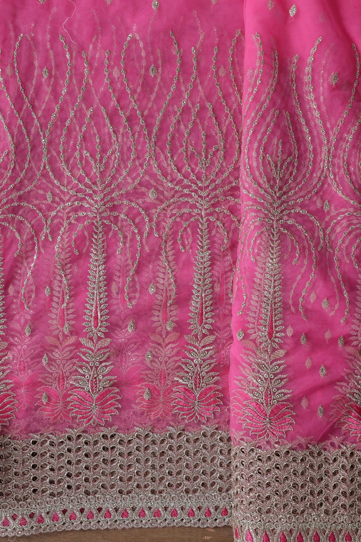 Big Width''56'' Pink Thread With Zari Traditional Embroidery Work On Pink Soft Net Fabric With Border - doeraa