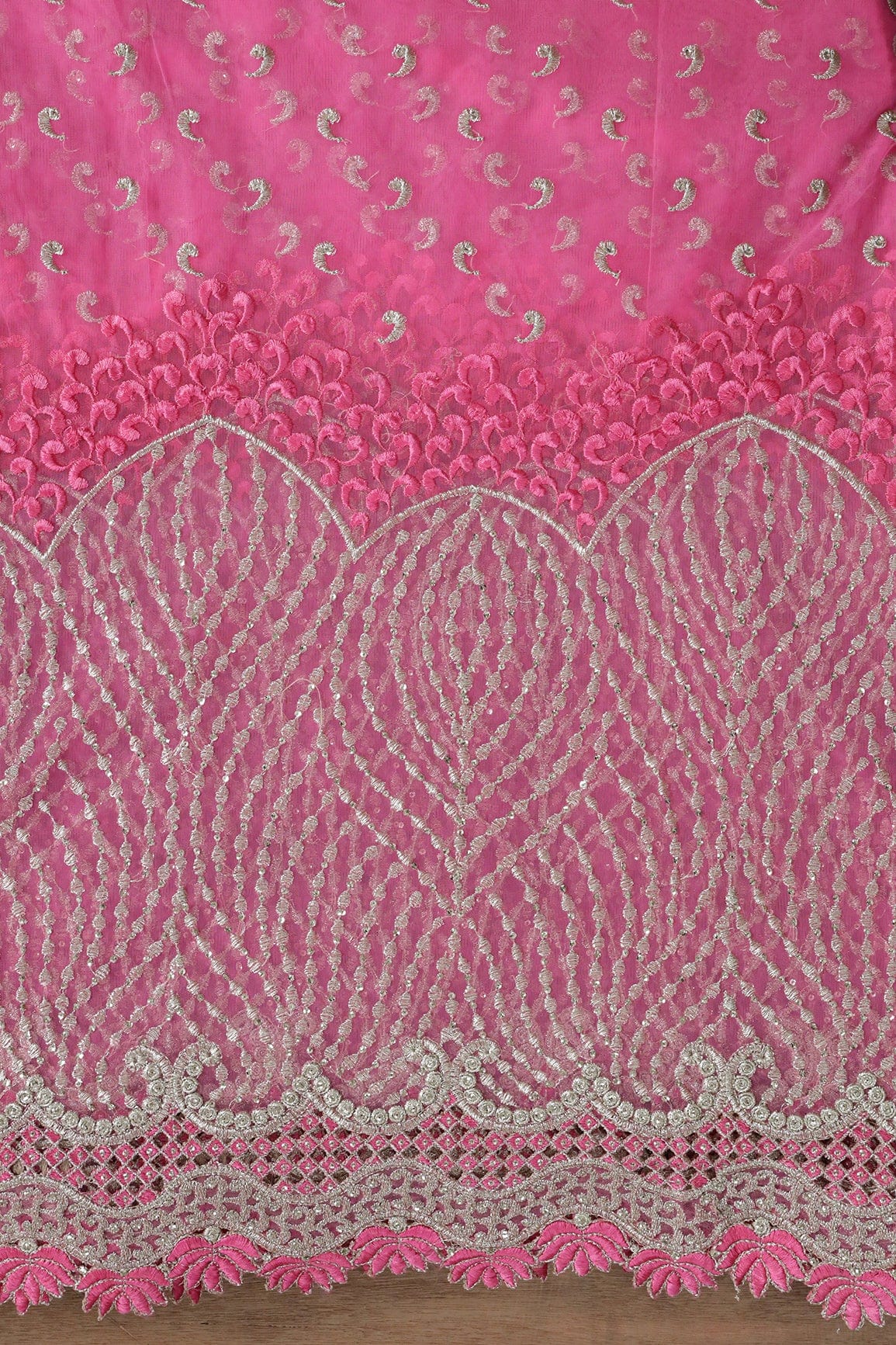 Big Width''56'' Pink Thread With Zari Traditional Embroidery Work On Pink Soft Net Fabric With Border - doeraa