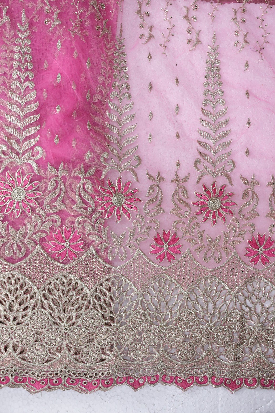 Big Width''56'' Pink Thread With Zari Traditional Embroidery Work On Pink Soft Net Fabric With Border - doeraa