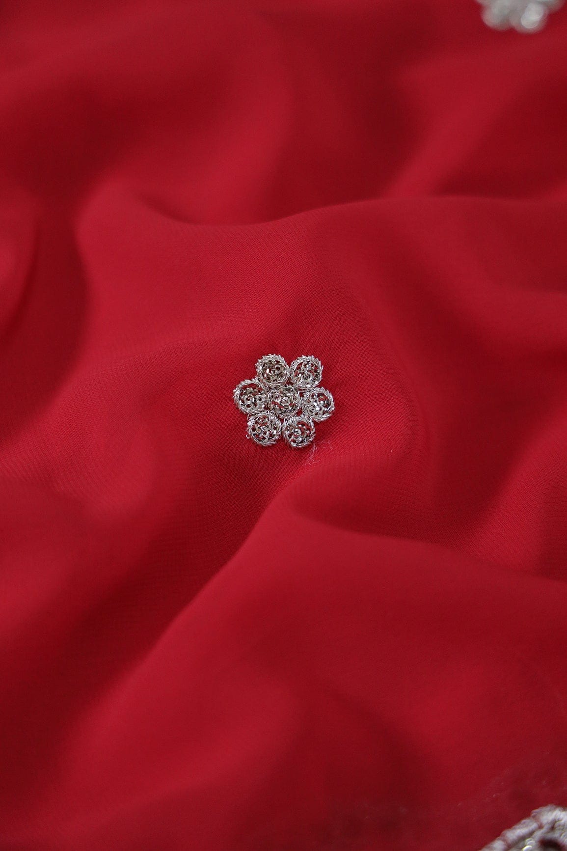 Big Width''56'' Red Thread With Zari Ethnic Embroidery Work On Red Georgette Fabric With Border - doeraa