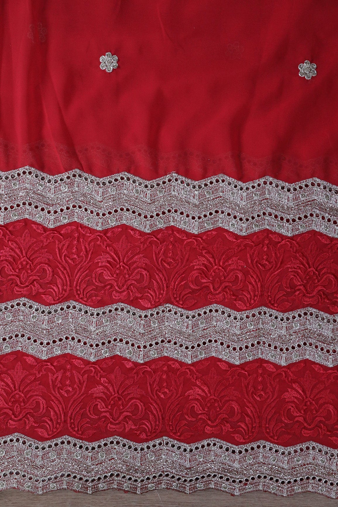 Big Width''56'' Red Thread With Zari Ethnic Embroidery Work On Red Georgette Fabric With Border - doeraa