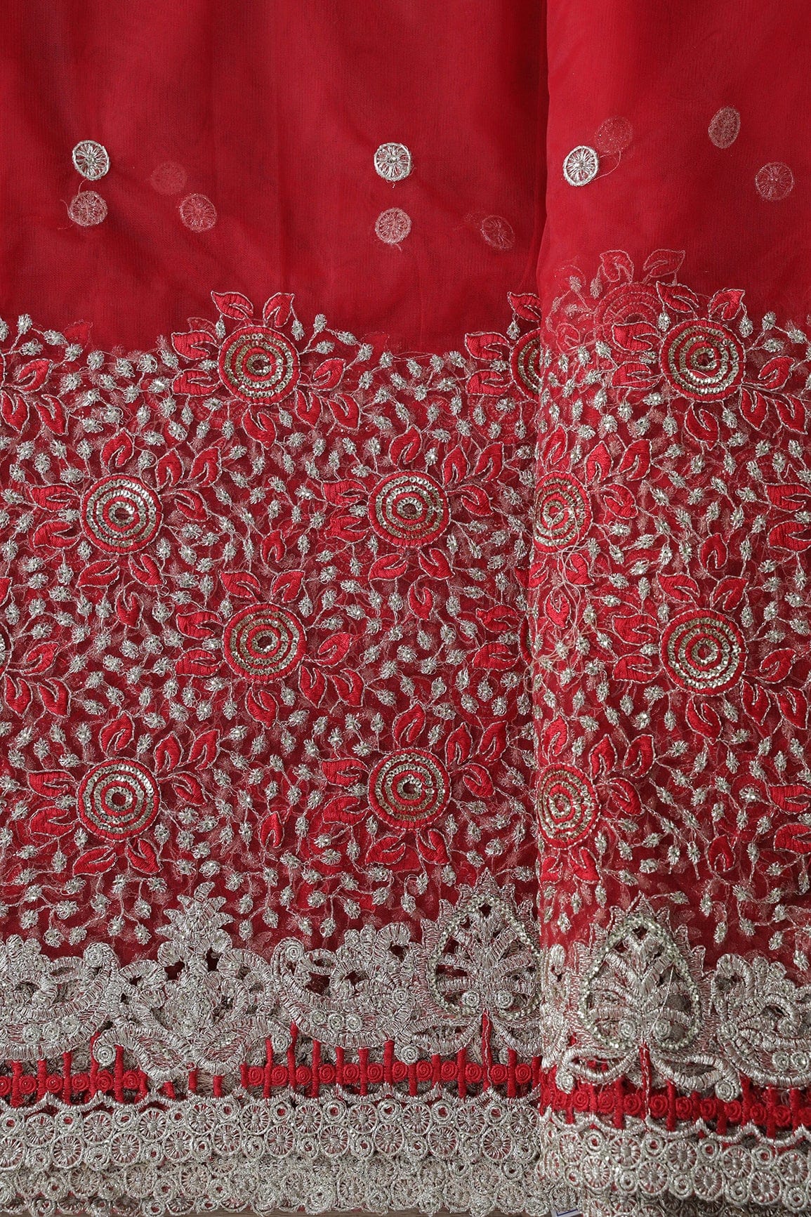 Big Width''56'' Red Thread With Zari Floral Embroidery Work On Red Soft Net Fabric With Border - doeraa