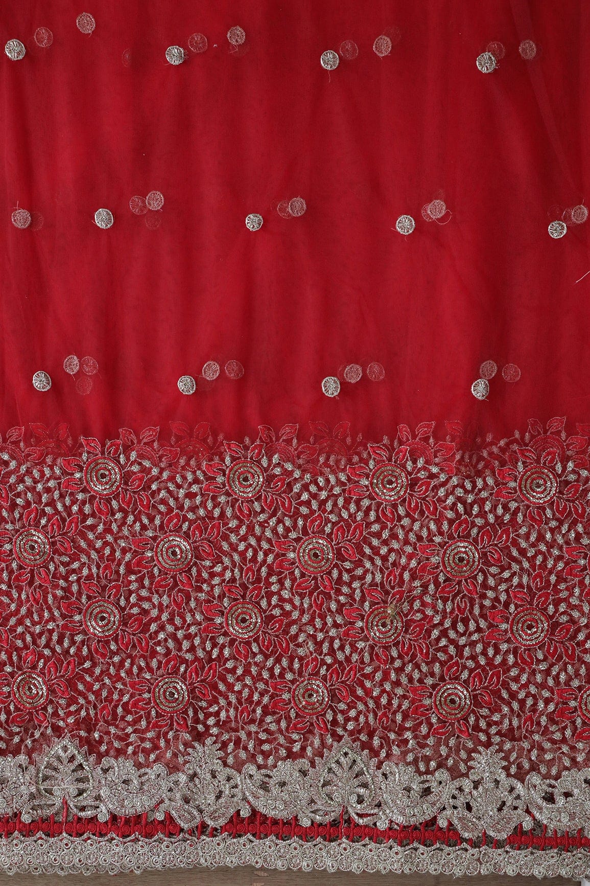 Big Width''56'' Red Thread With Zari Floral Embroidery Work On Red Soft Net Fabric With Border - doeraa