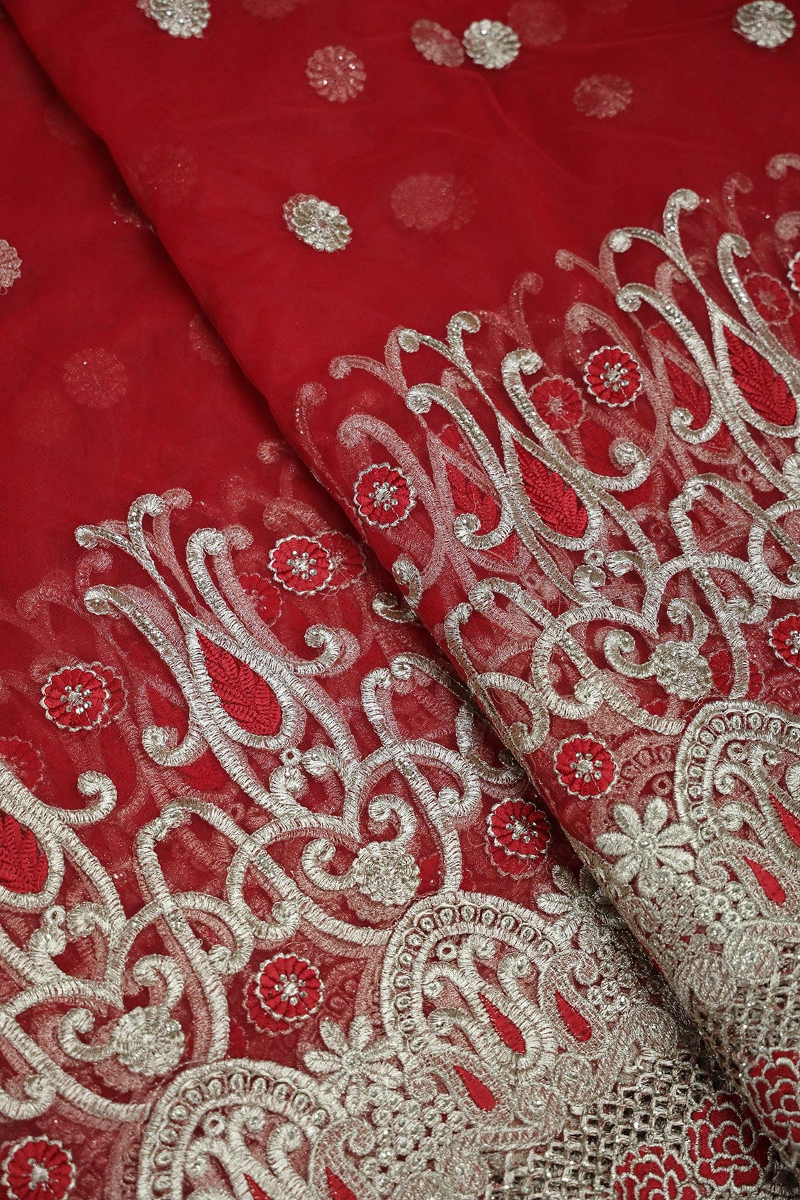 Big Width''56'' Red Thread With Zari Traditional Embroidery Work On Red Soft Net Fabric With Border - doeraa