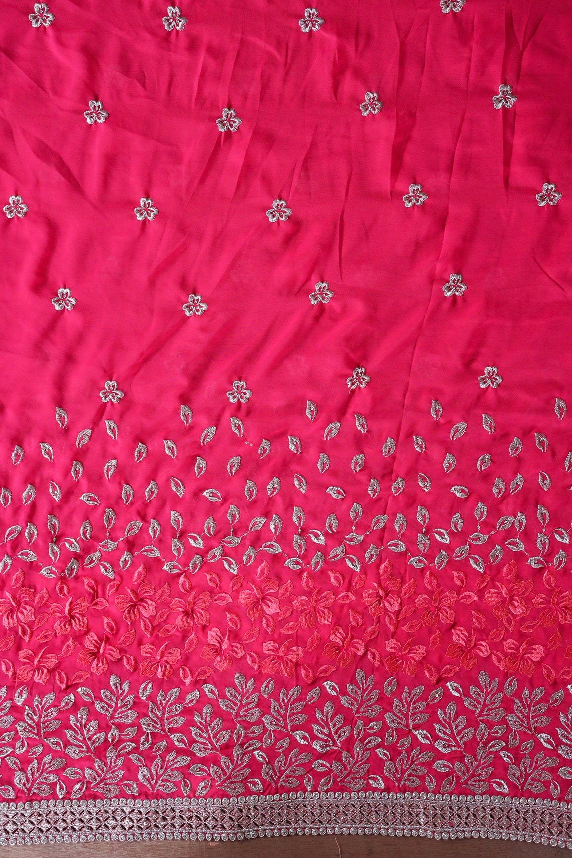 Big Width''56'' Silver Zari Leafy Embroidery Work On Gajri Georgette Fabric With Border - doeraa