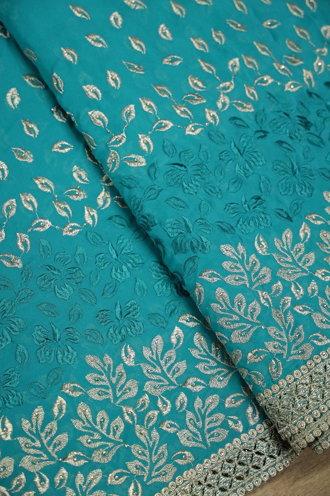 Big Width''56'' Silver Zari Leafy Embroidery Work On Rama Georgette Fabric With Border - doeraa
