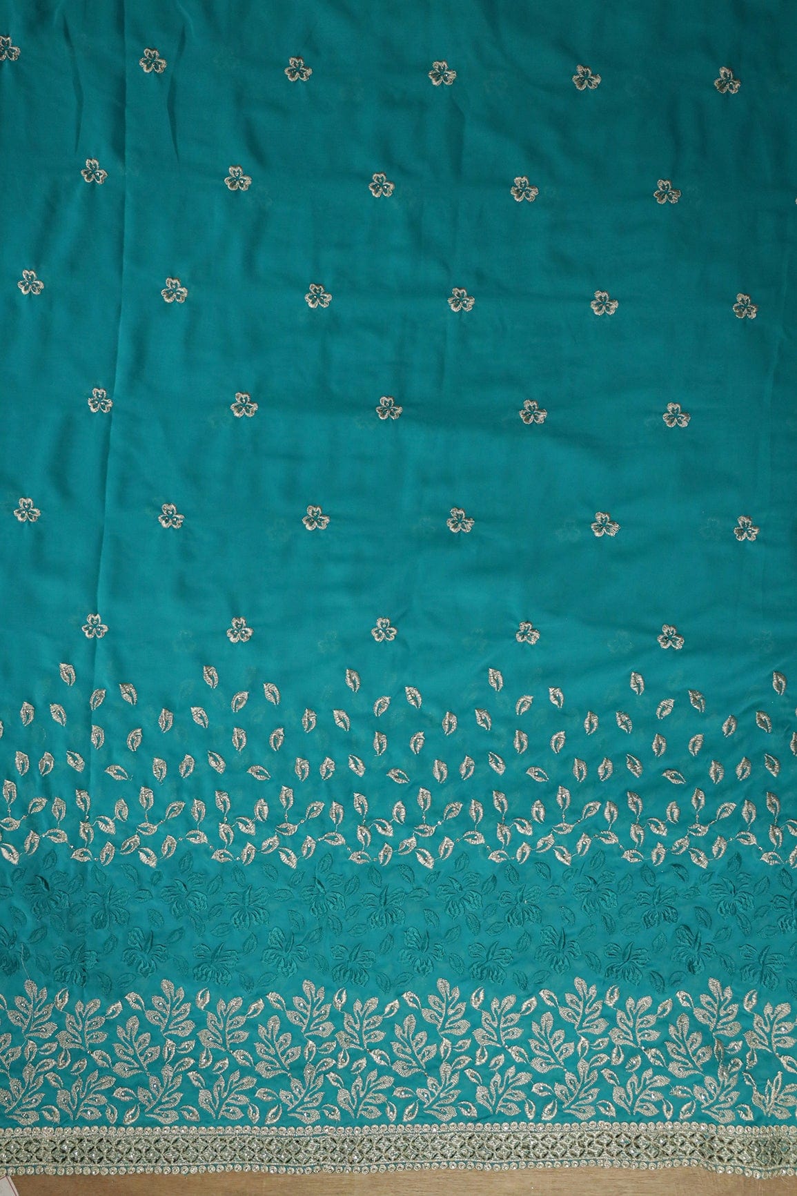 Big Width''56'' Silver Zari Leafy Embroidery Work On Rama Georgette Fabric With Border - doeraa