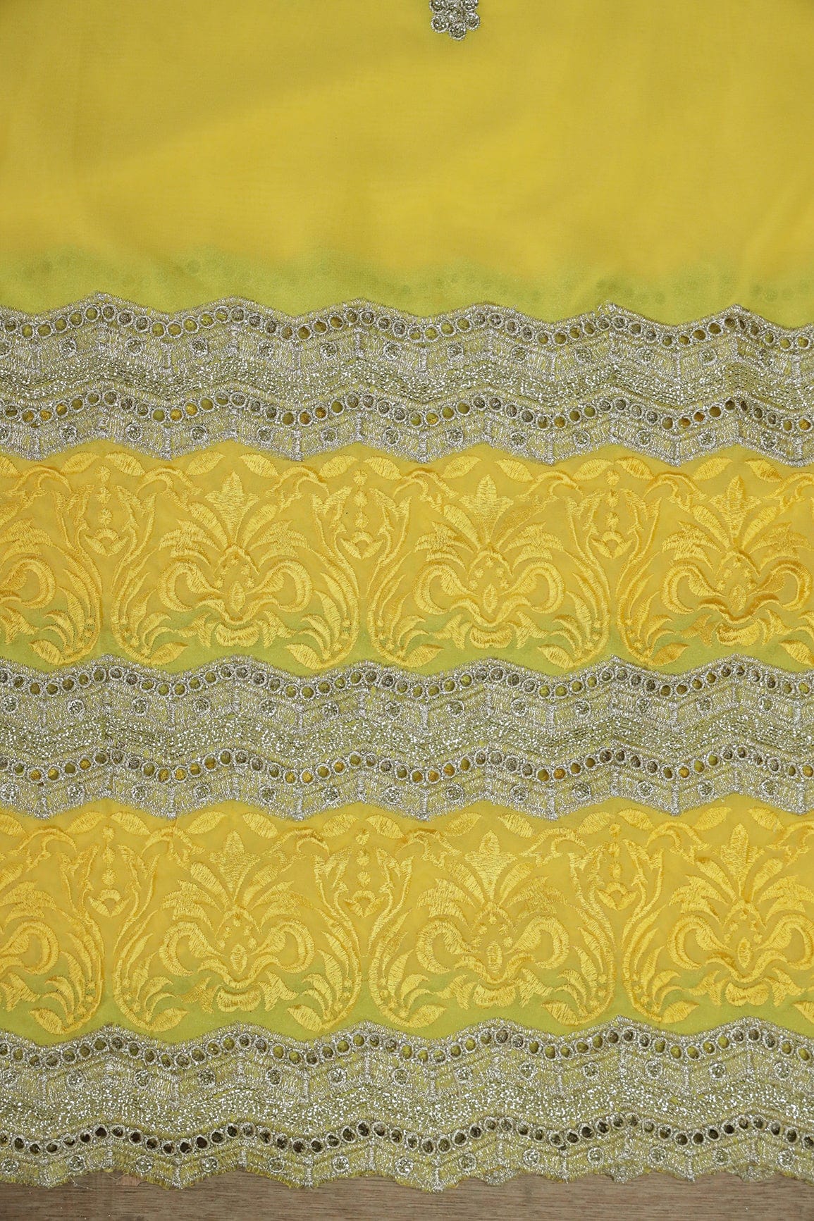 Big Width''56'' Yellow Thread With Zari Ethnic Embroidery Work On Yellow Georgette Fabric With Border - doeraa