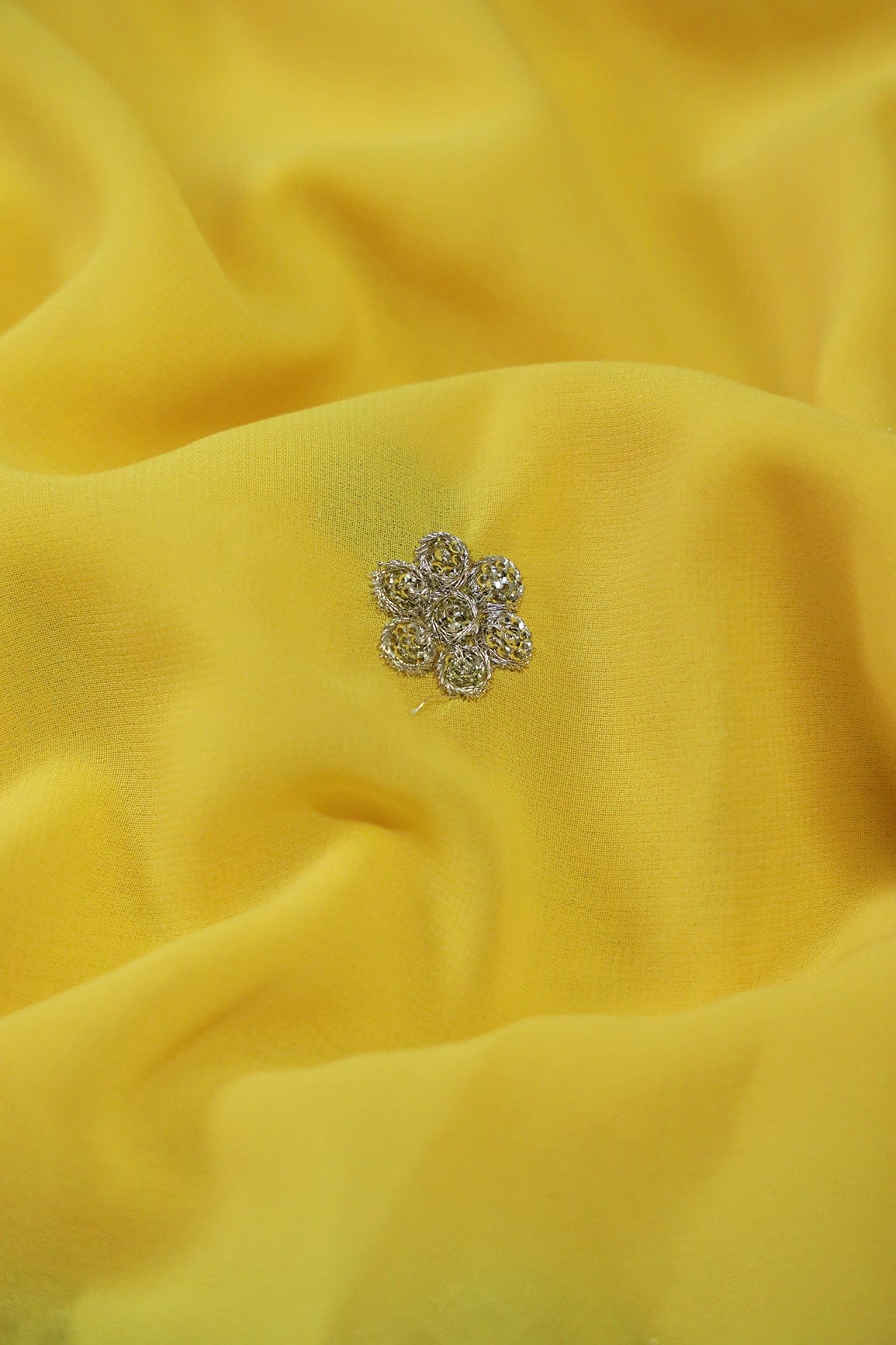 Big Width''56'' Yellow Thread With Zari Ethnic Embroidery Work On Yellow Georgette Fabric With Border - doeraa